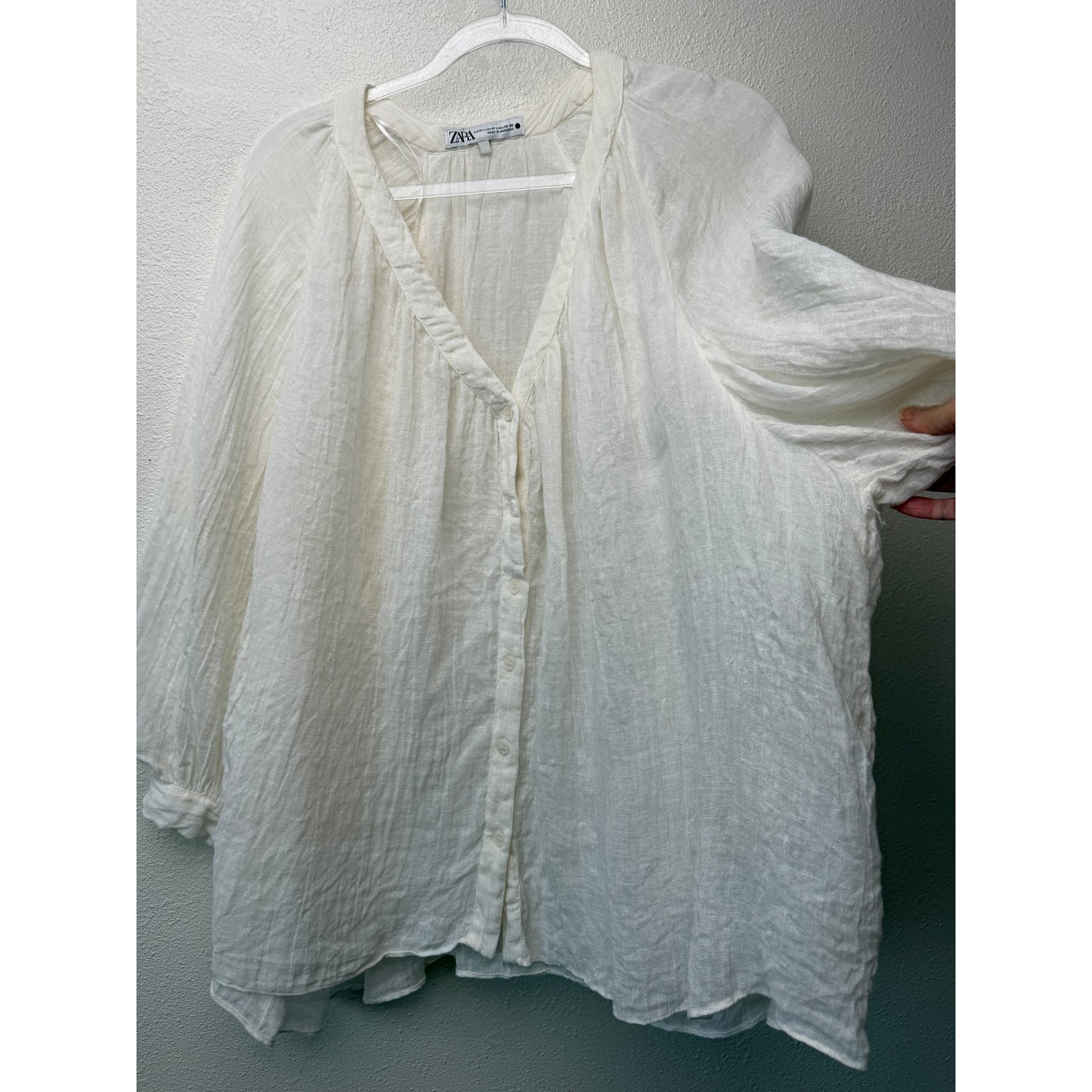 Zara Cream Linen Blend Crinkle V-Neck Boxy Button Front Boho Blouse M/L