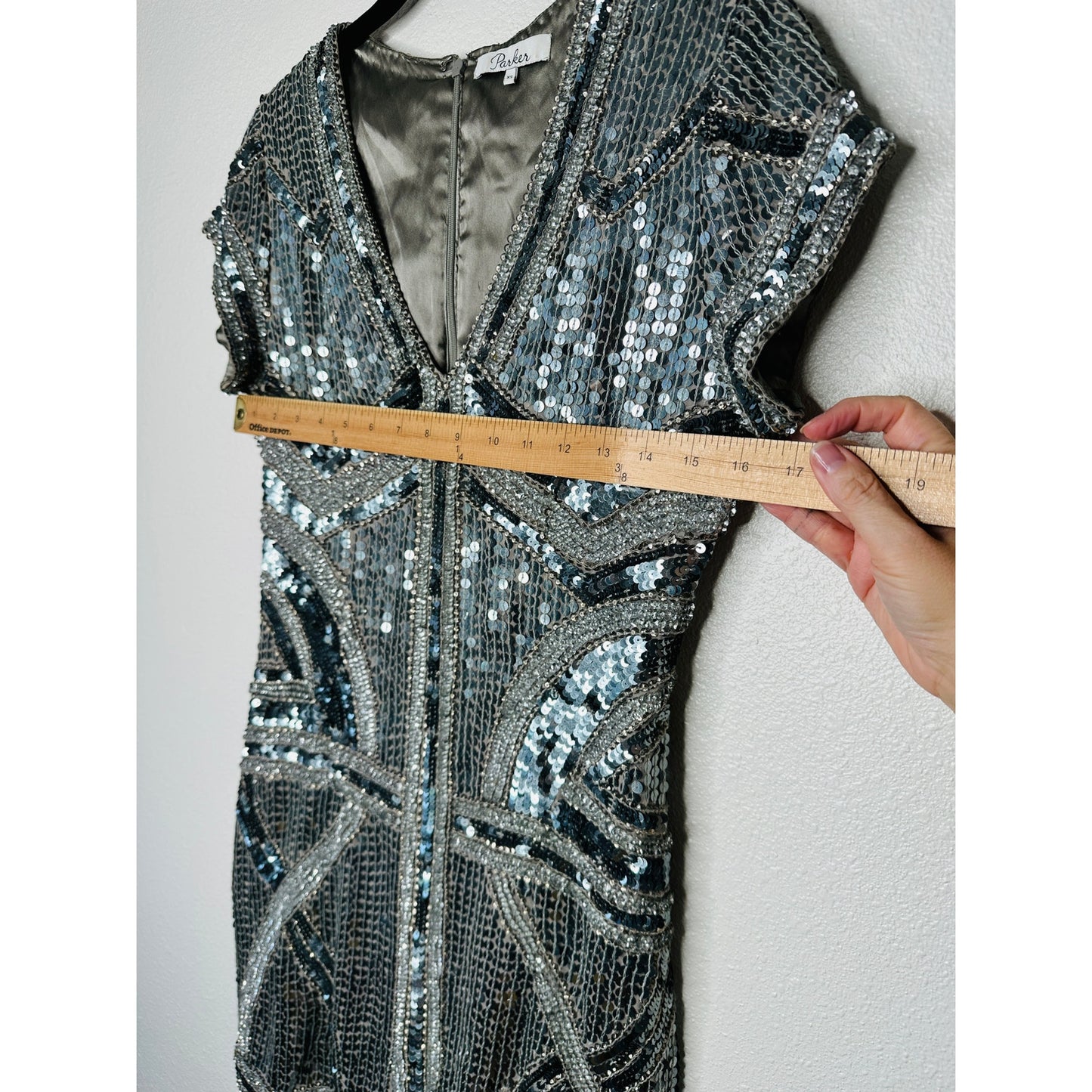Parker Gray Silver & Rose Gold Sequin Aztec Print V-Neck Cap Sleeve Mini Dress S