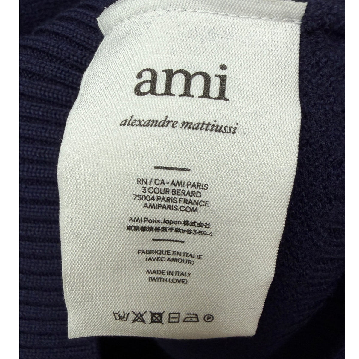 AMI Paris Ami de Coeur Heart Logo Navy Wool Knit Hoodie Men's US L
