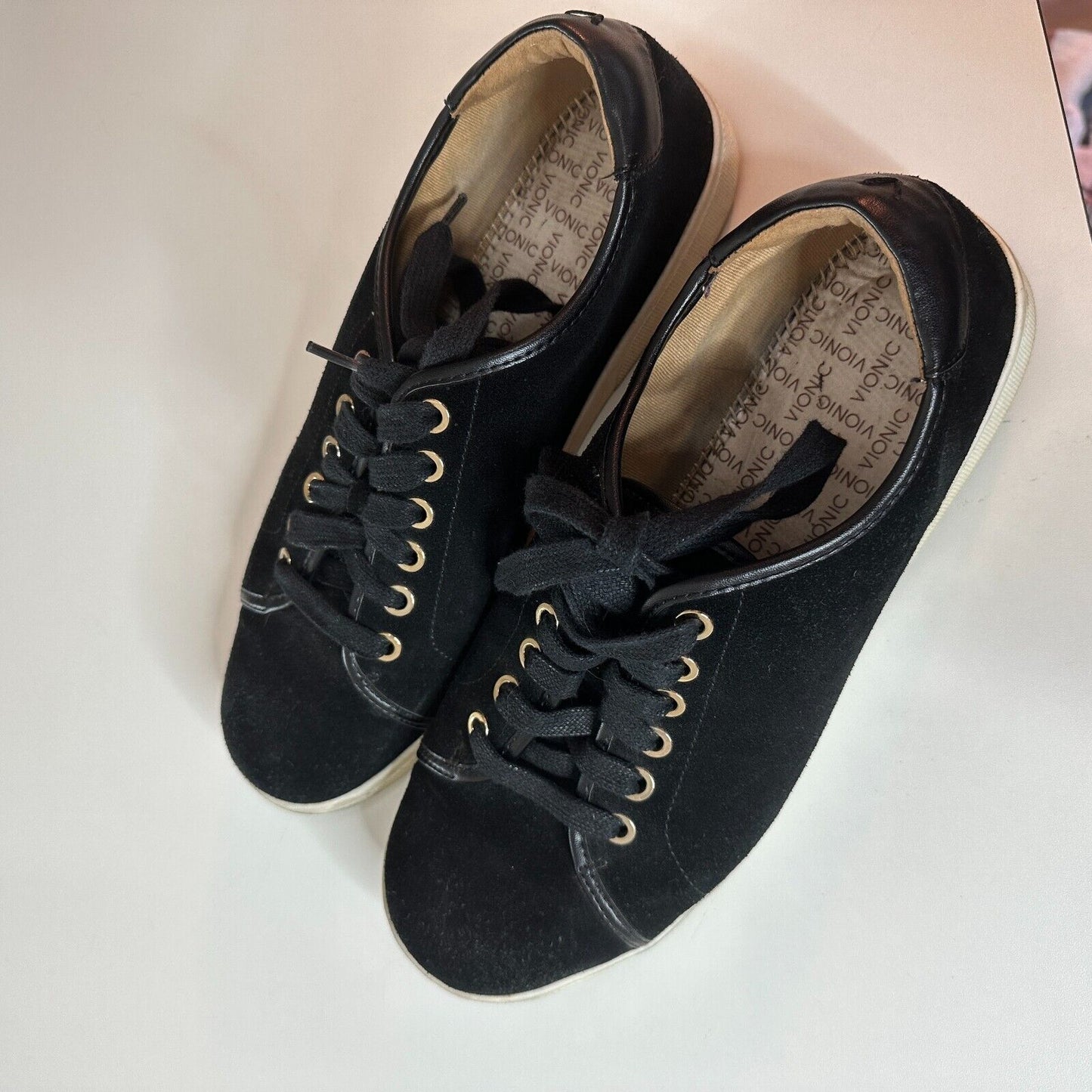 Vionic Sunny Brinley Black Suede Laceup White Trim Round Toe Walking Shoes 8.5
