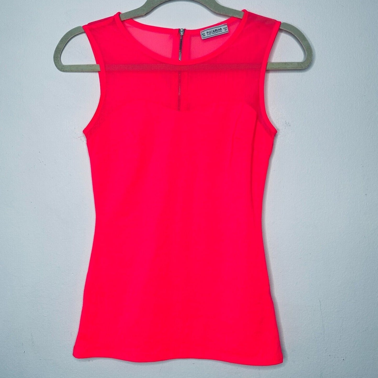 Pull & Bear Florescent Pink Sleeveless Cotton and Sheer Mesh Top Back Zip XS