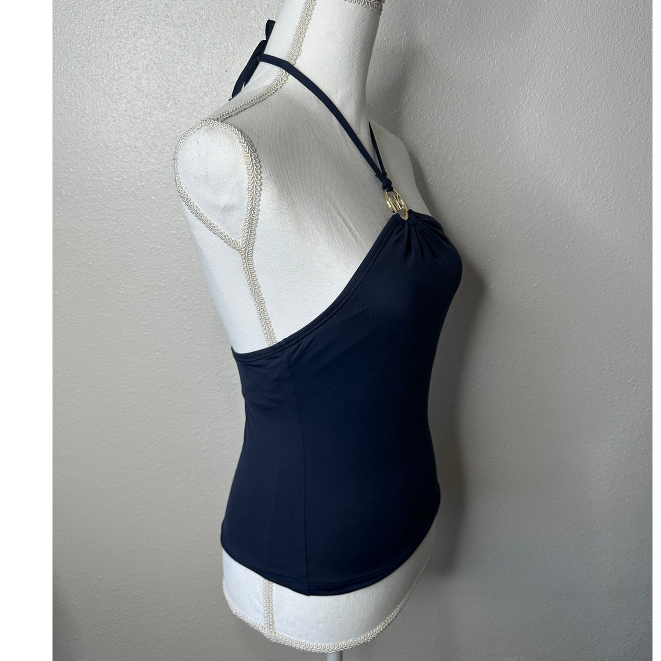 Michael Kors Navy Blue Halter Tankini Top XS Gold MK Logo Hardware Swimwear