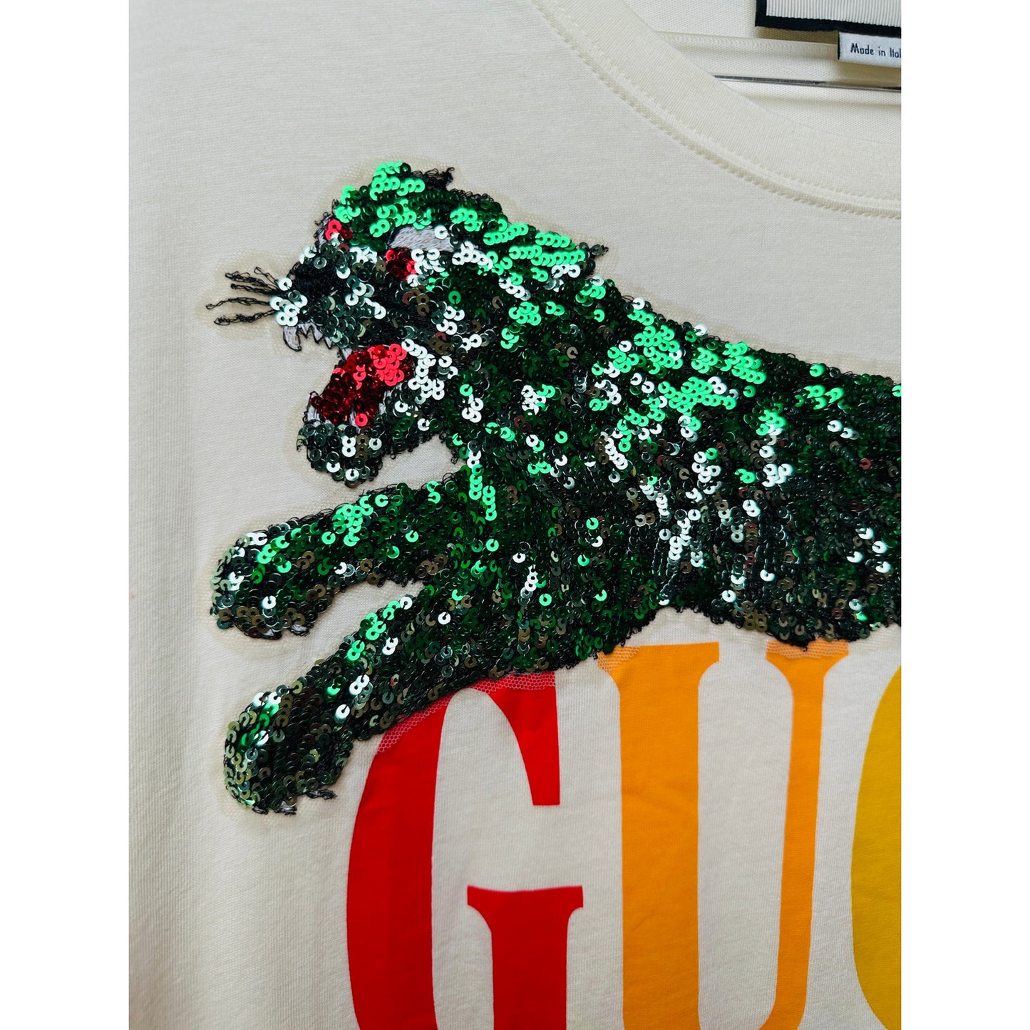 Gucci Sequin Cat Rainbow Logo T-Shirt Cream Unisex US M