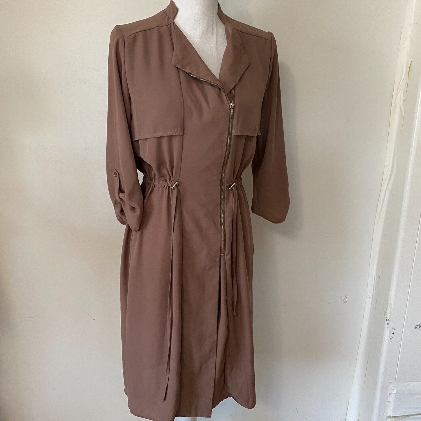 Spoon Milk Chocolate Utility Cinch Waist Tab Sleeve Shirtdress Front Zip S