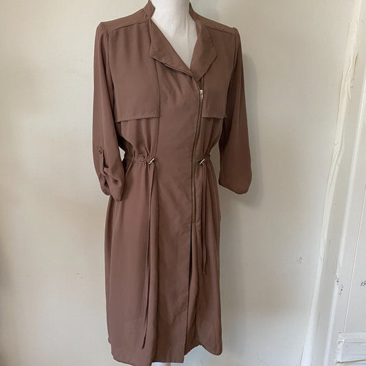 Spoon Milk Chocolate Utility Cinch Waist Tab Sleeve Shirtdress Front Zip S