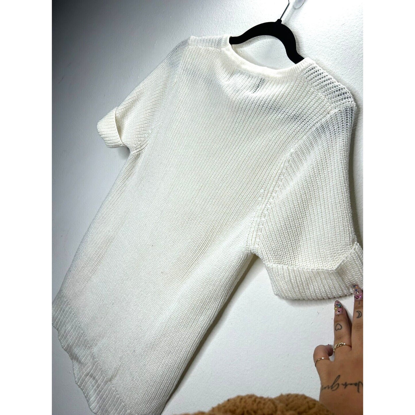 Lovemarks White Ivory Knit Short Cuffed Sleeve High Low Round Neck Sweater S