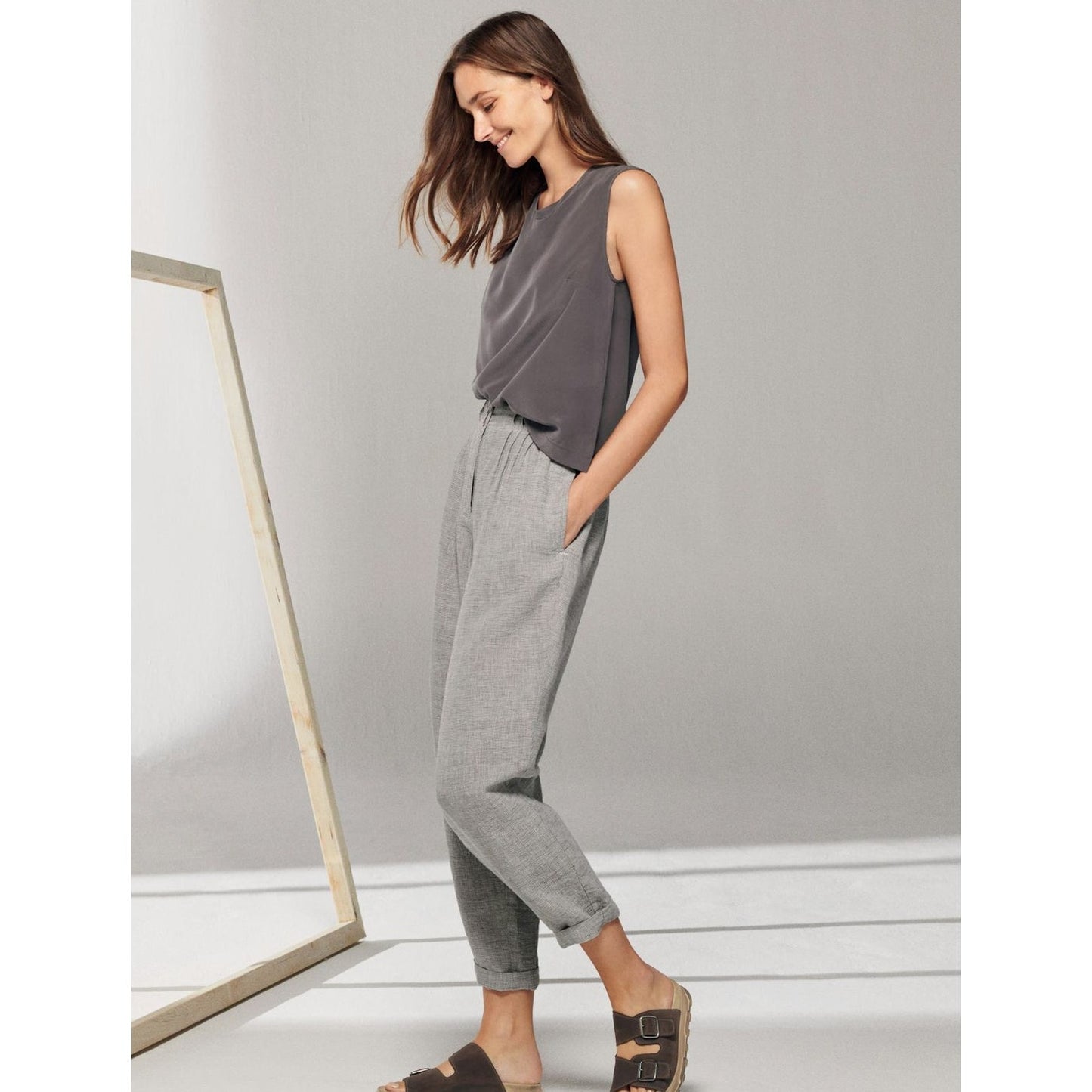 Poetry Brown & Cream Houndstooth cinch Waist Cropped Linen Trouser Pants 12