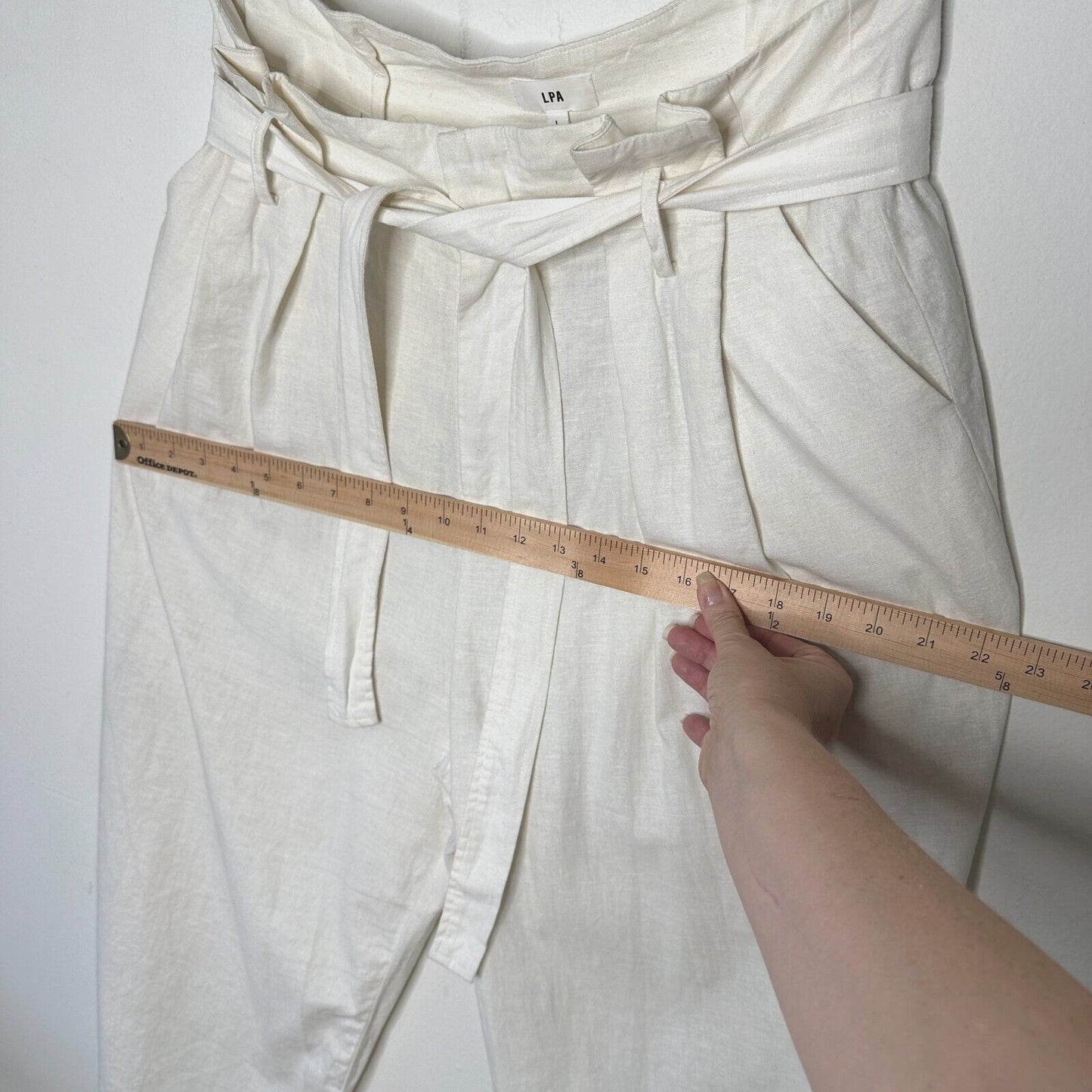 LPA Off White Linen Wide Leg Paperbag High Waist Self Tie Pleated Trousers L