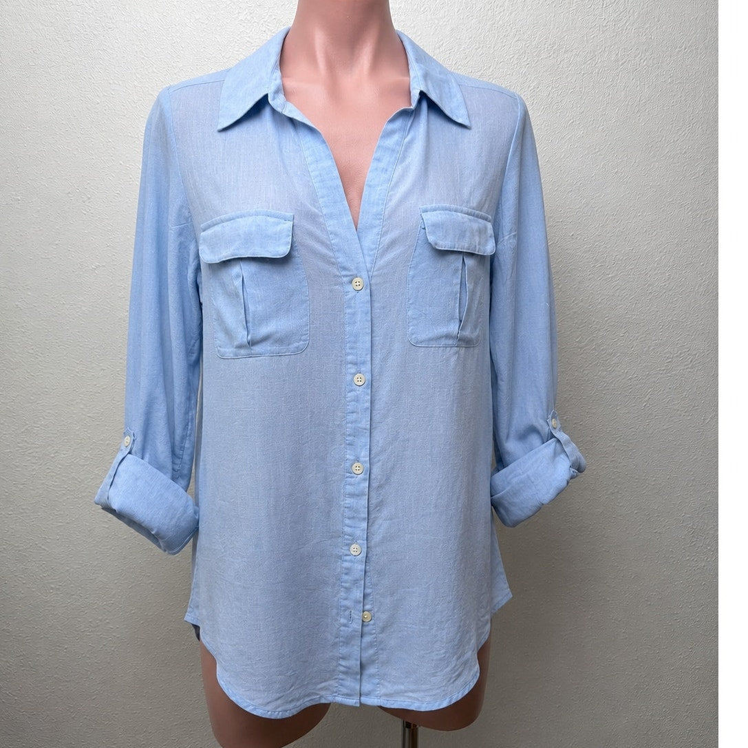 Joie Light Blue Button Front Pocketed Roll Tab Sleeve Denim Shirt XXS