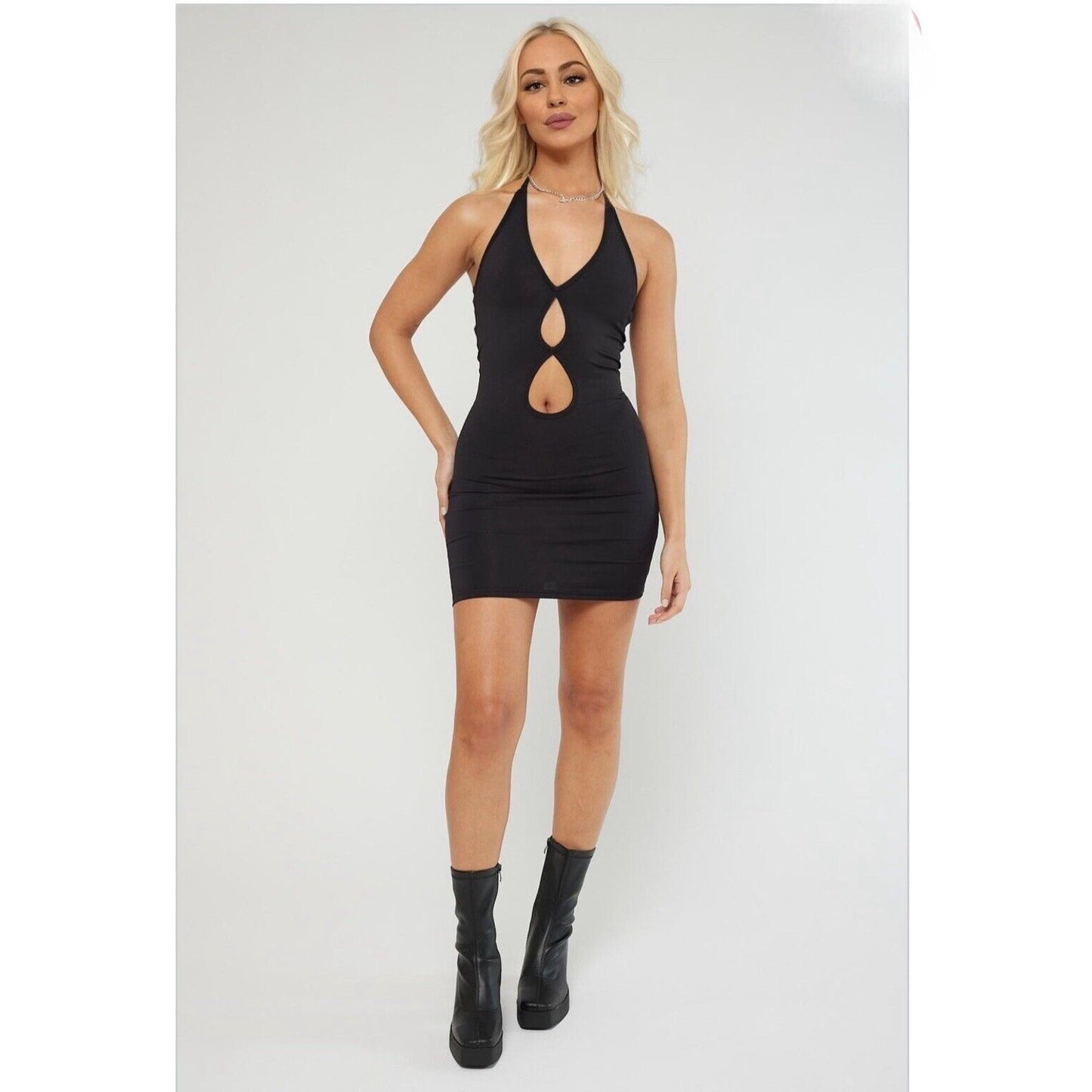 Dyln Black Aida Bodycon Deep V Halter Top Key Hole Front Cutouts Mini Dress XS