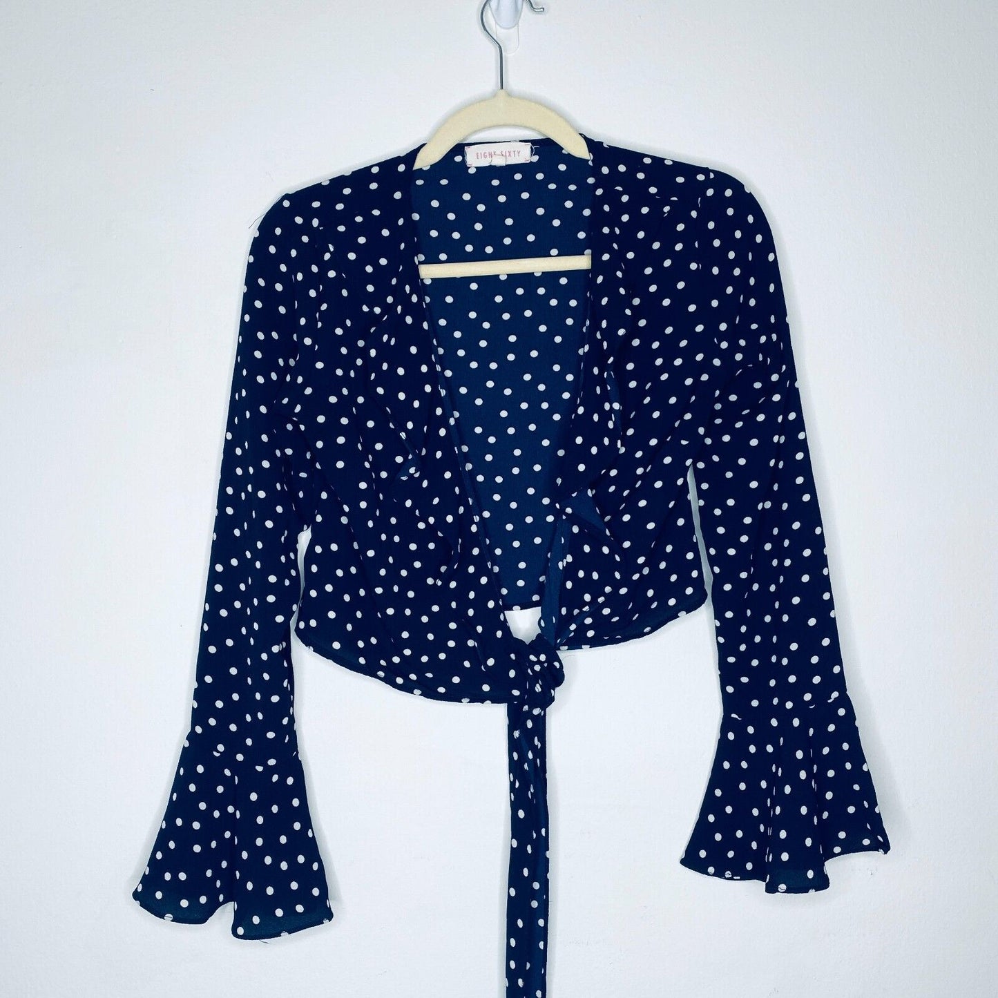 Revolve Eight Sixty Navy Cream Polka Dot Wrap Front-V Bell Sleeve Crop Top SM
