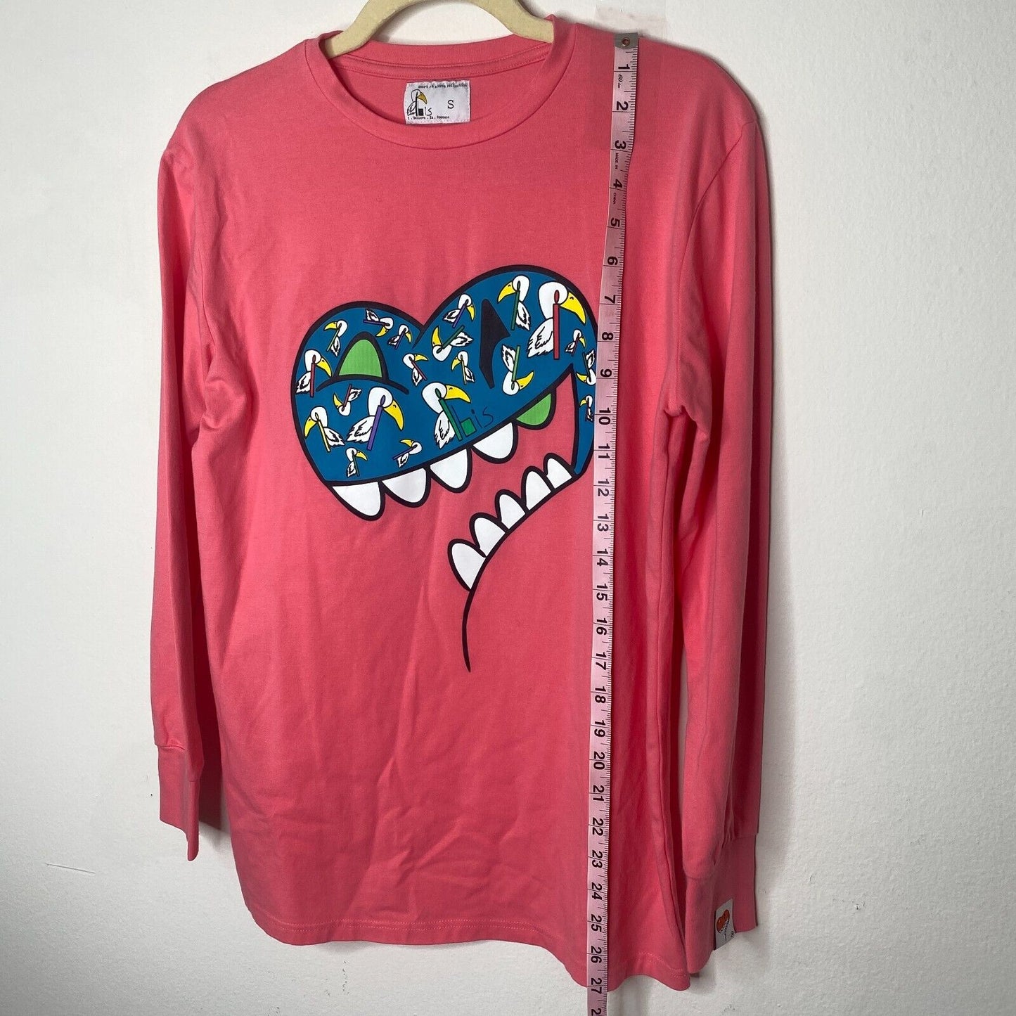RARE Ibis Heart On Sleeve Collection Pink Coral Tee Long Sleeve Fine Cotton SM