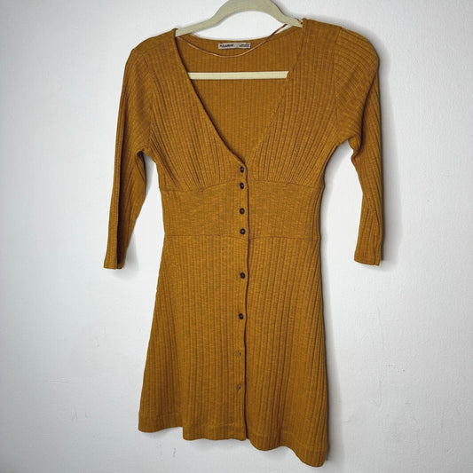 Pull & Bear Golden Yellow Cotton Rib Long Sleeve VNeck Button Up Mini Dress S