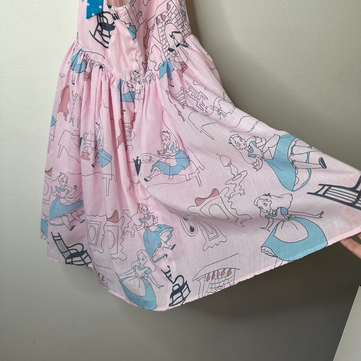 Cute Alice In Wonderland Print Pink & Blue Flowy Halter Top Apron Dress Zip SM