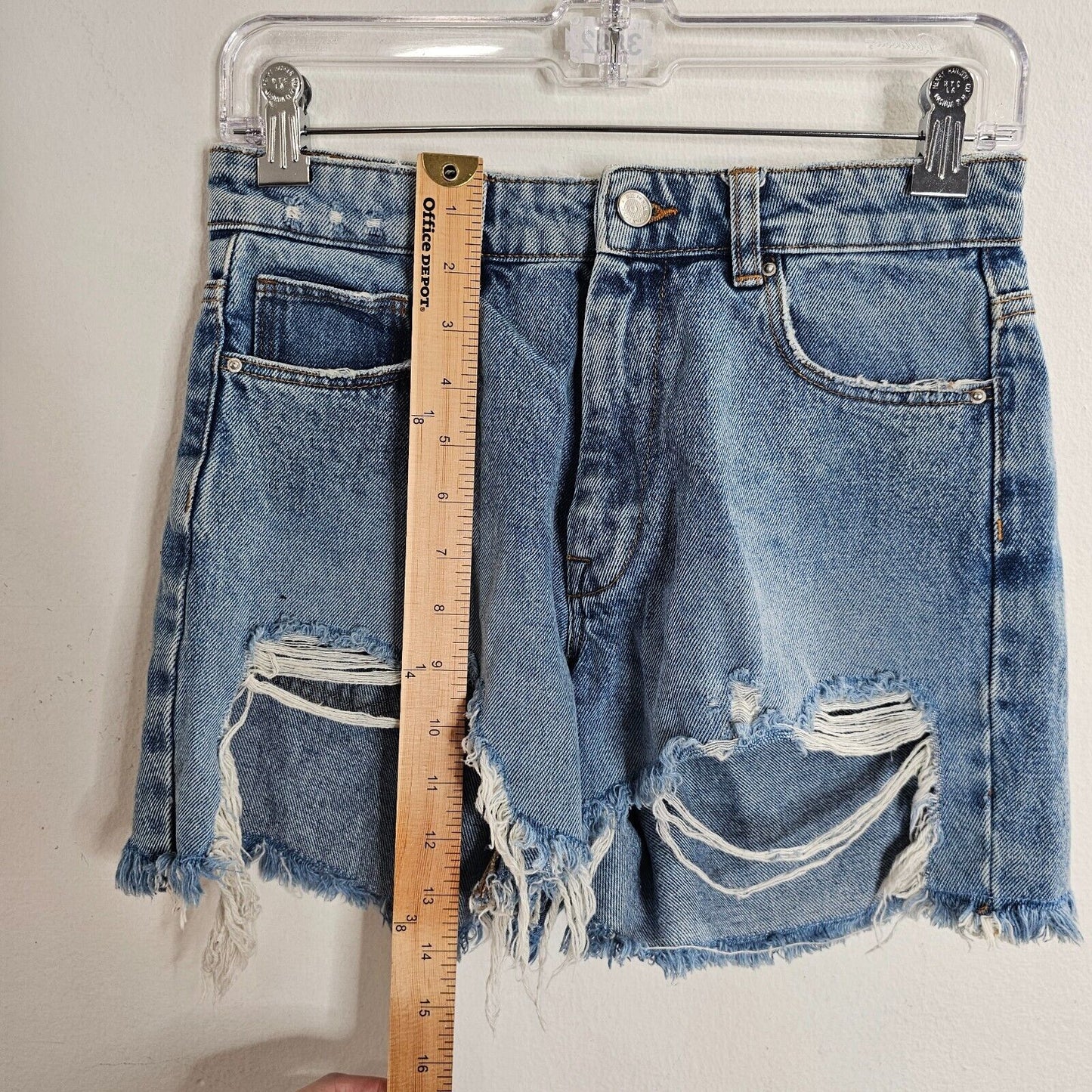 Zara High Waist Medium Wash Extreme Distressing Raw Hem Denim Jean Shorts 4