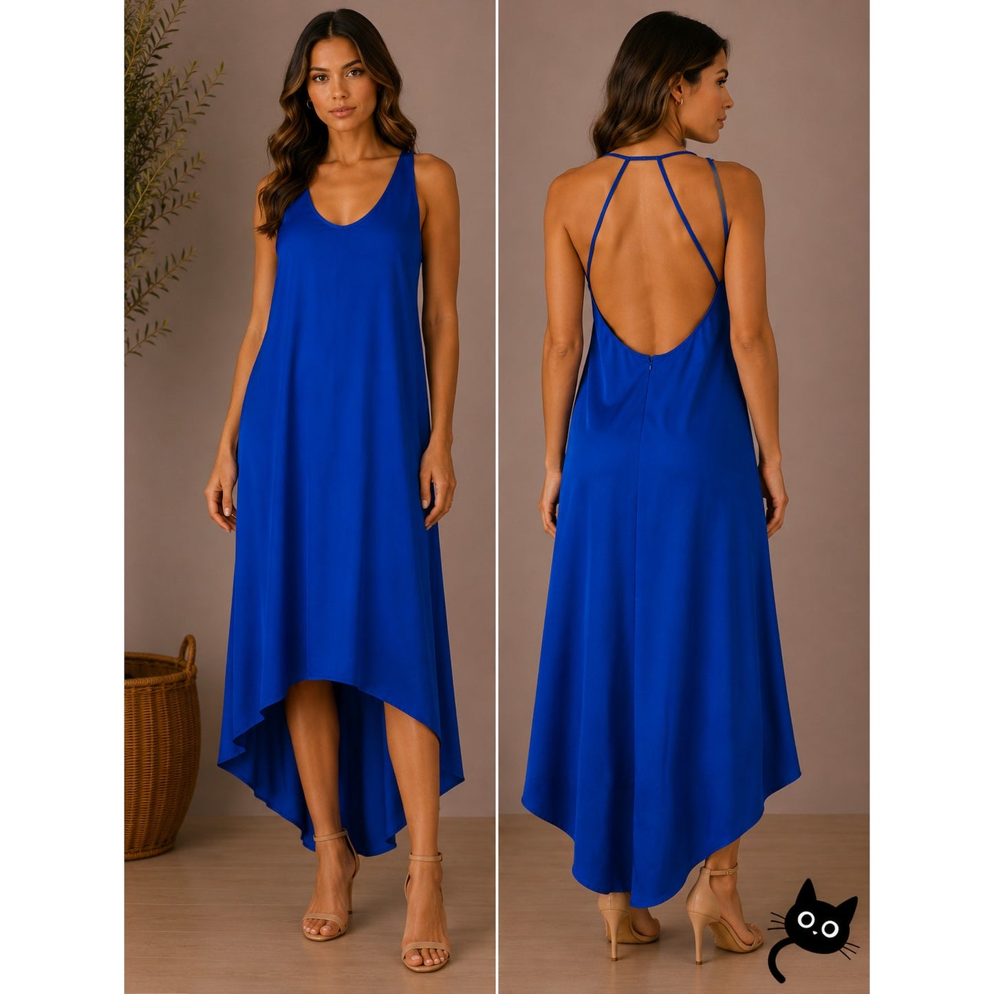 BCBGMAXAZRIA Royal Blue Gia Strappy Sleeveless High Low Midi Dress 4