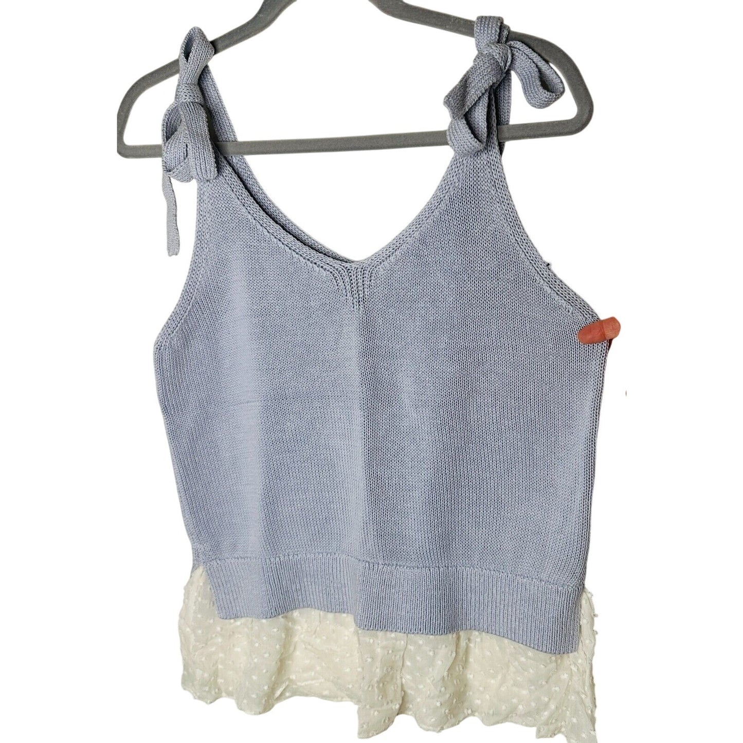 Club Monaco Purple White Knit V-Neck Tank Sheer Mesh Polka Dot Ruffle Hem Medium