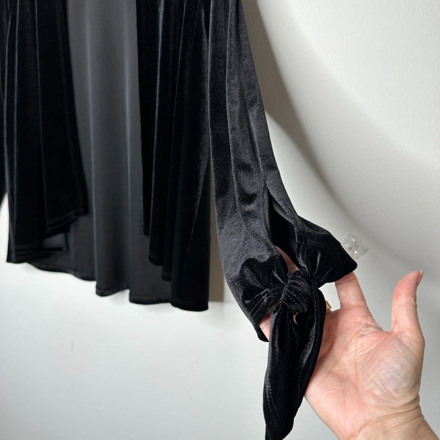 Jet Black Velvet Velour Waterfall Open Front Cardigan Long Sleeve with Ties M