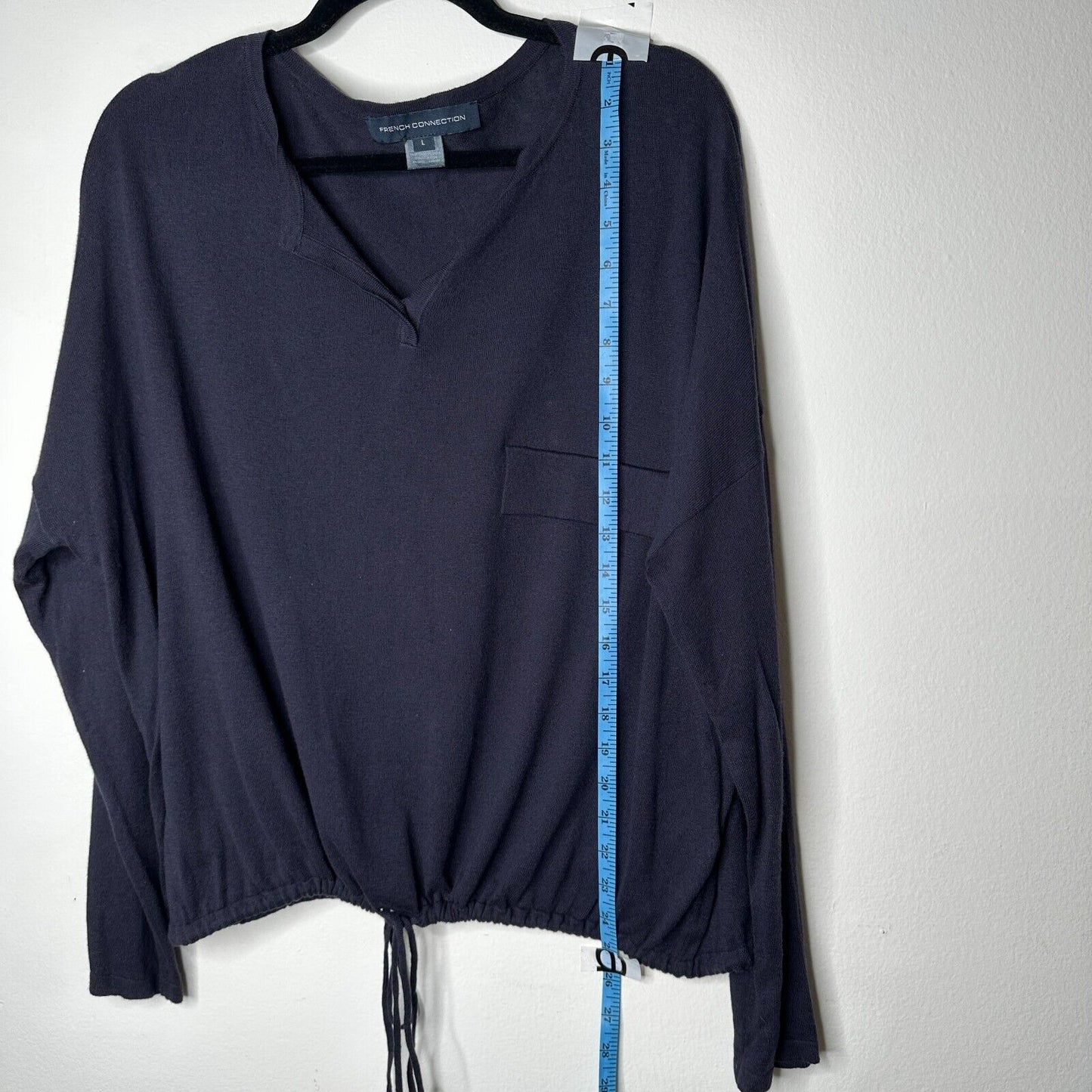 French Connection Drawstring Hem Silk Blend Long Sleeve VNeck Navy Sweater L