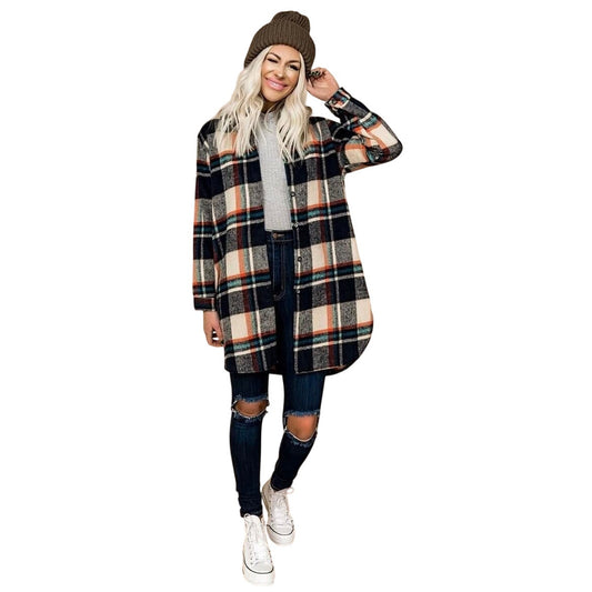 Urban Daizy Tan Navy Orange Plaid Button Long Sleeve Shacket M