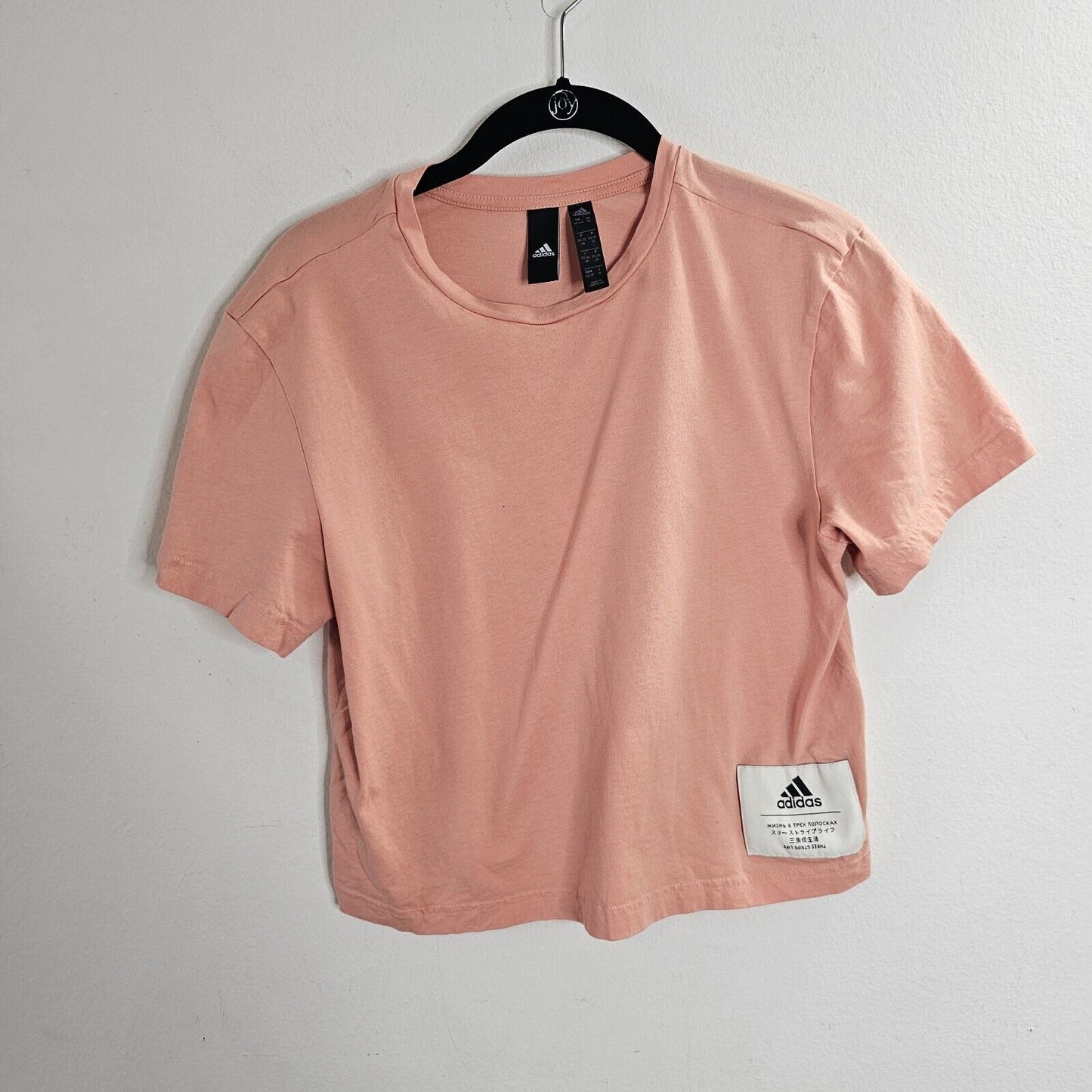 Adidas Peach Three-Stripe Life Boyfriend Short Sleeve Crew Neck Cropped Tee XS