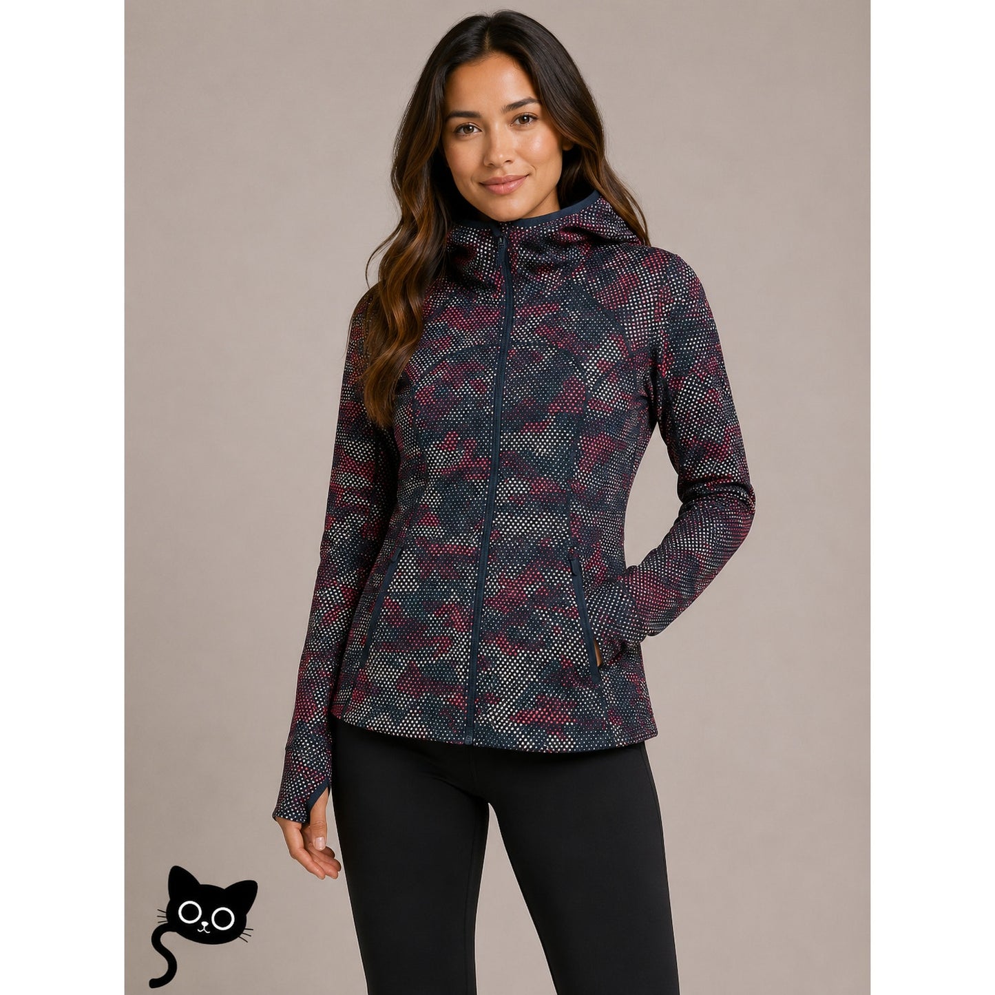 Lululemon Black Red Cream Polka Dot Camo Hooded Zip Front Jacket 6