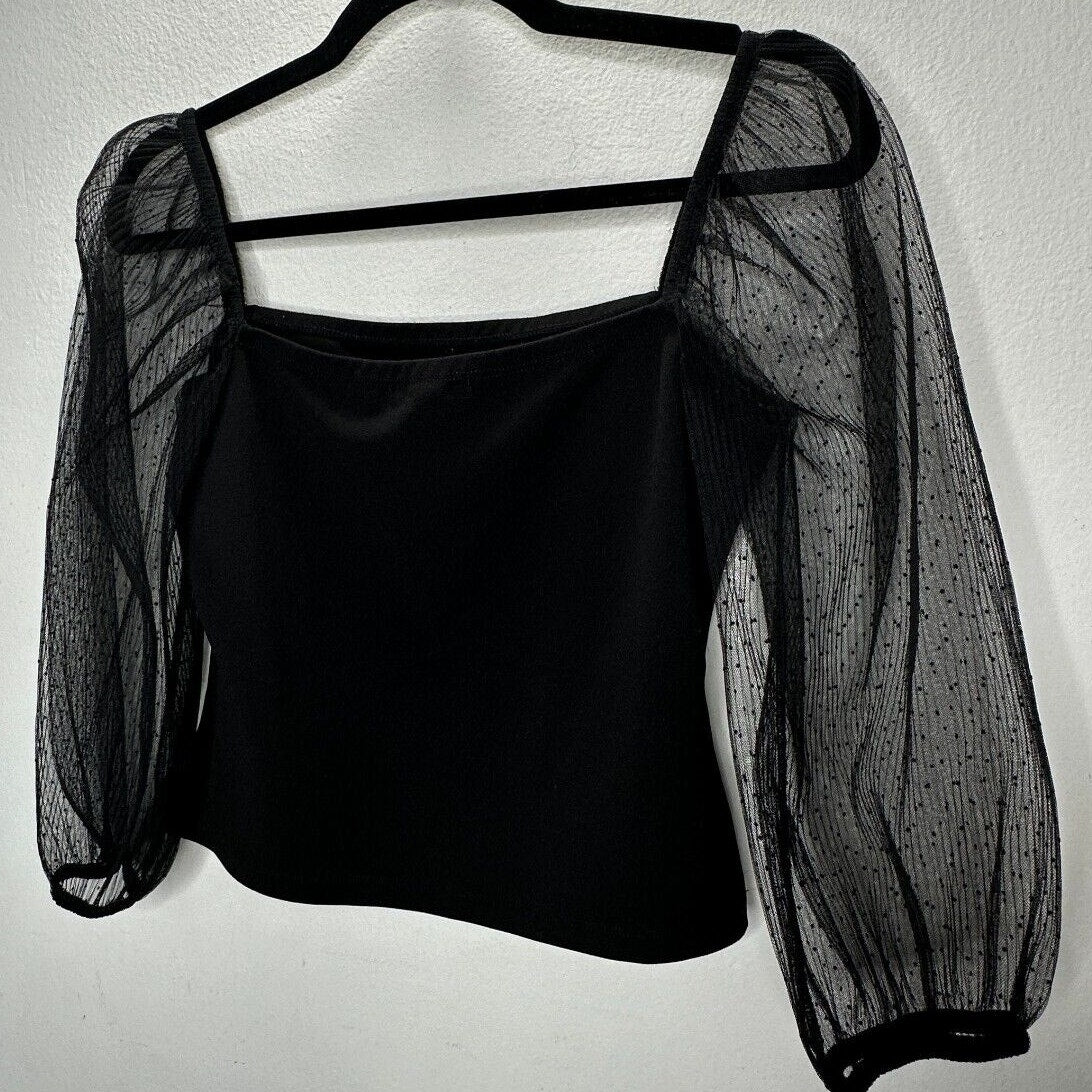 Socialite Black Square Neck Sheer Polka Dot Mesh Balloon Sleeve Crop Top M