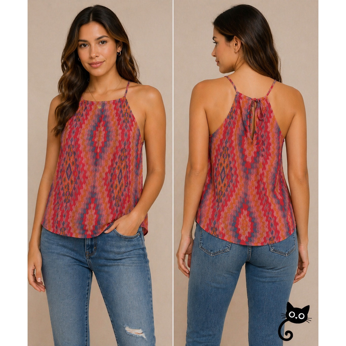 Allison Joy Alina Halter Firebrick Red Orange & Gray Aztec Sleeveless Top XS
