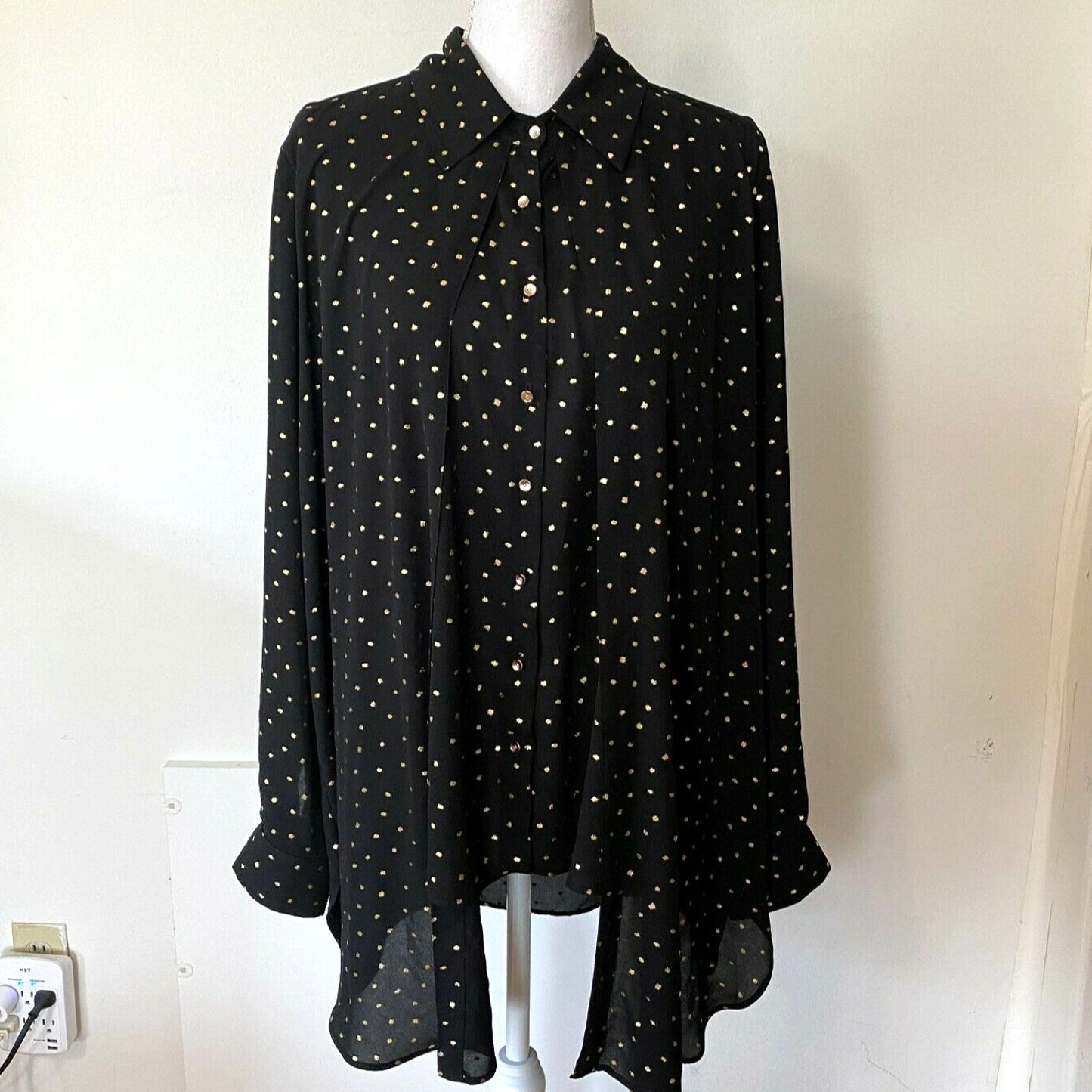 Cartise Black and Gold Polka Dot Button Down Shirt Sheer Front Overlay Panel 14