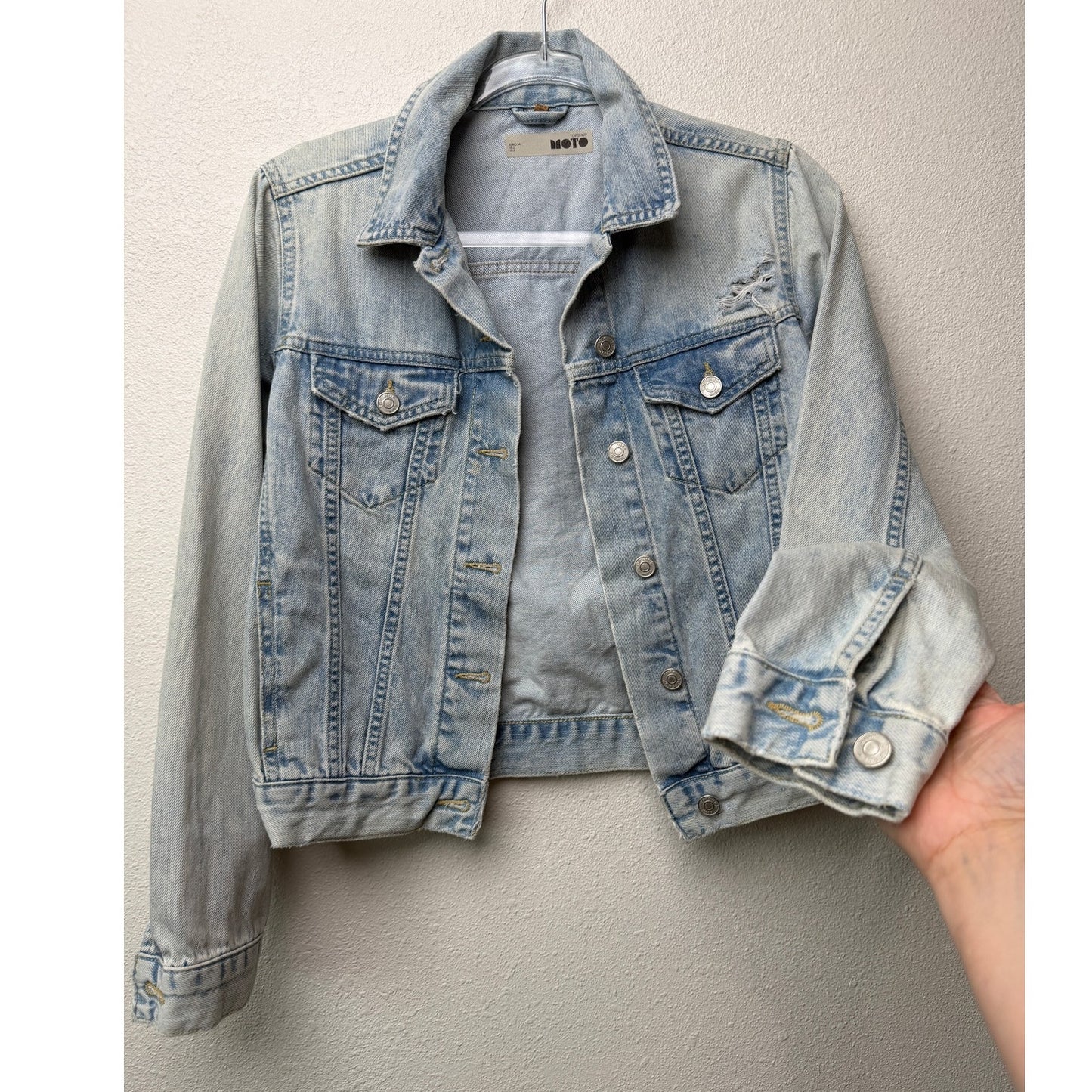 Topshop Moto Light Wash Distressed Denim Jacket Women's 2