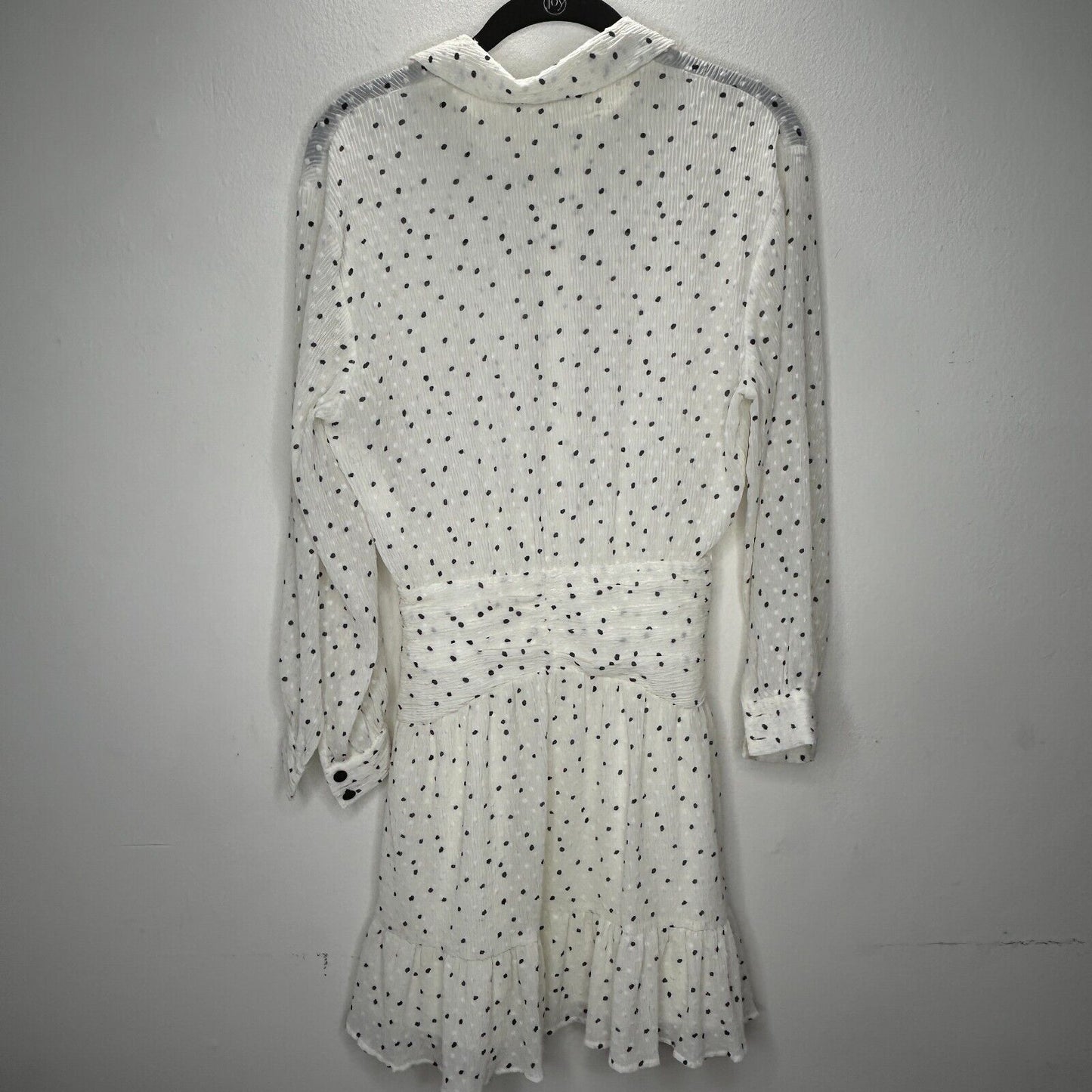Zara Cream Black Dotted Swiss Long Sleeve 1/2 Button Collared Ruffle Hem Dress