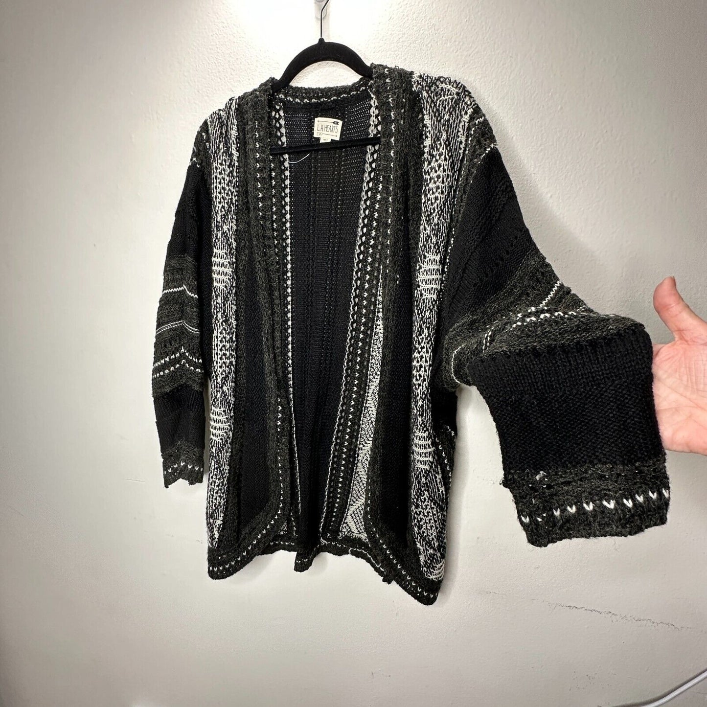 LA Hearts Black Gray and Cream Striped Knit Long Line Open Cardigan Sweater OS