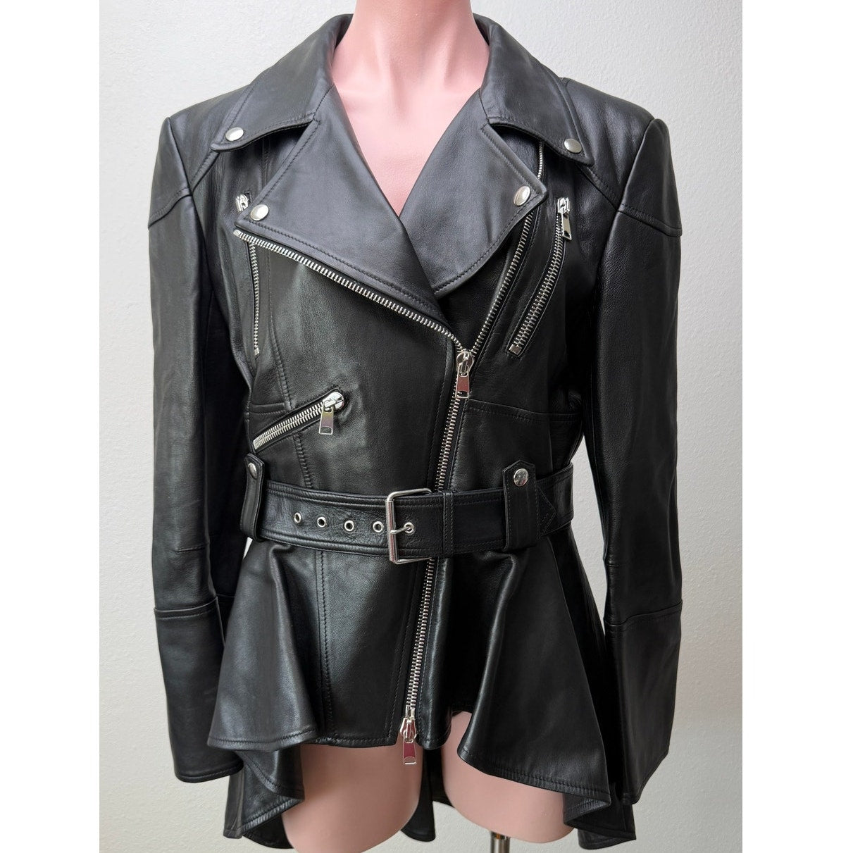Alexander McQueen Black Peplum Moto Jacket Women's IT 50