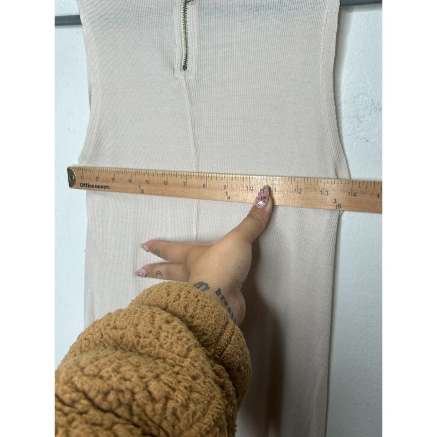 Hyfve Soft Cream Mock Neck Sleeveless Rib Knit Faux Asymmetrical Back Zip Dress