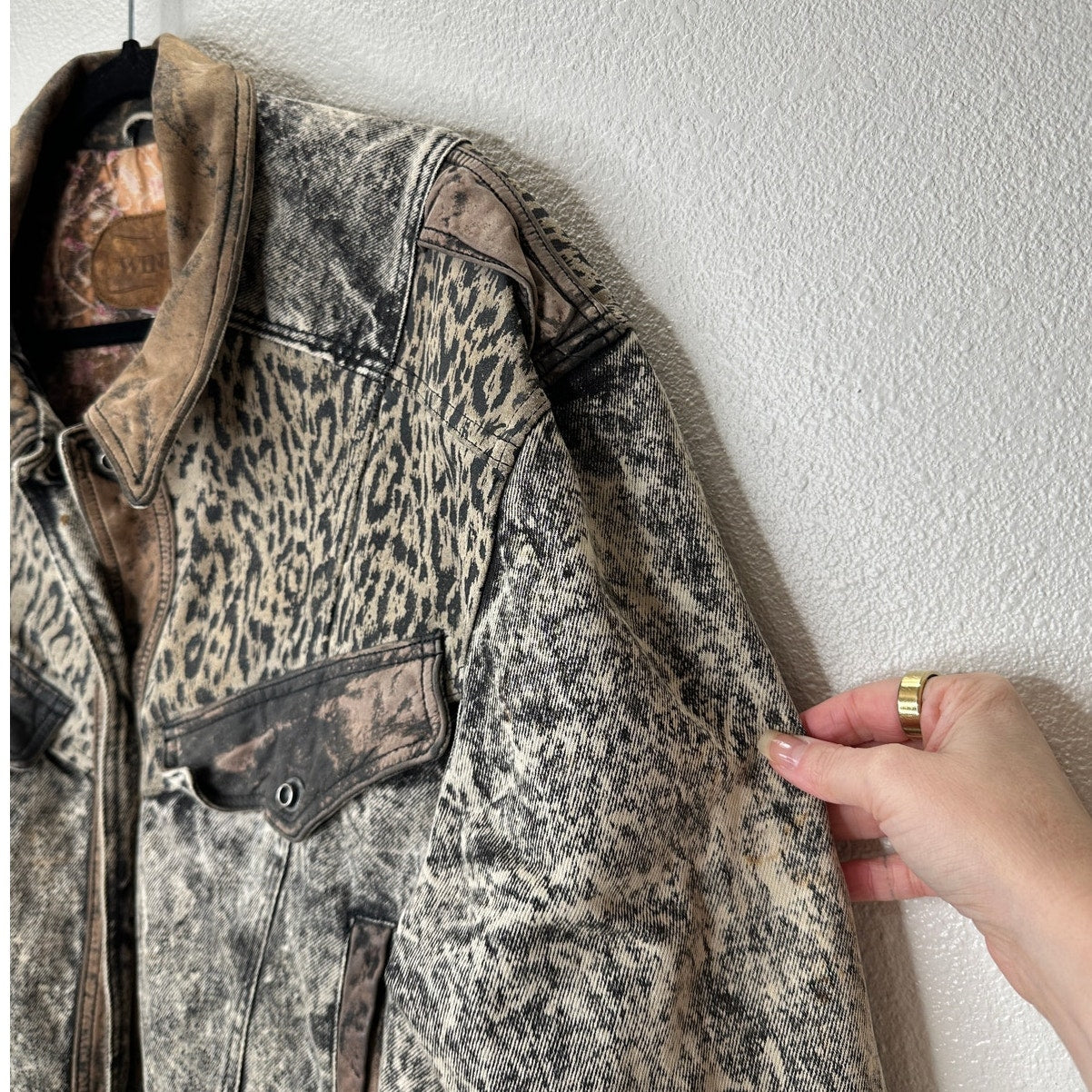 Winlit Vintage Tan Black Suede & Denim Acid Wash Animal Print Biker Jacket S