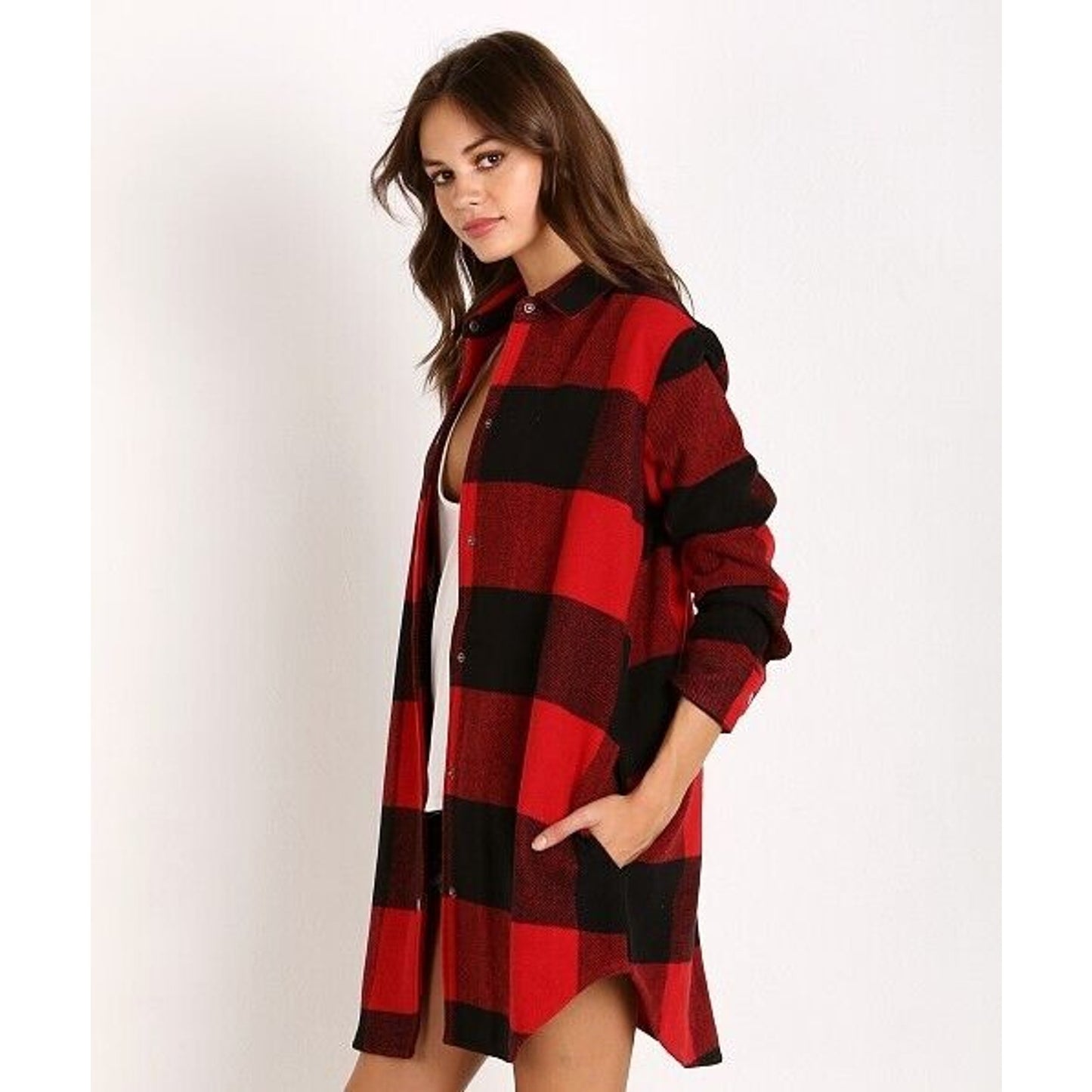 BB Dakota Red Black Buffalo Plaid Snap Front Long Sleeve Shirttail Hem Jacket S