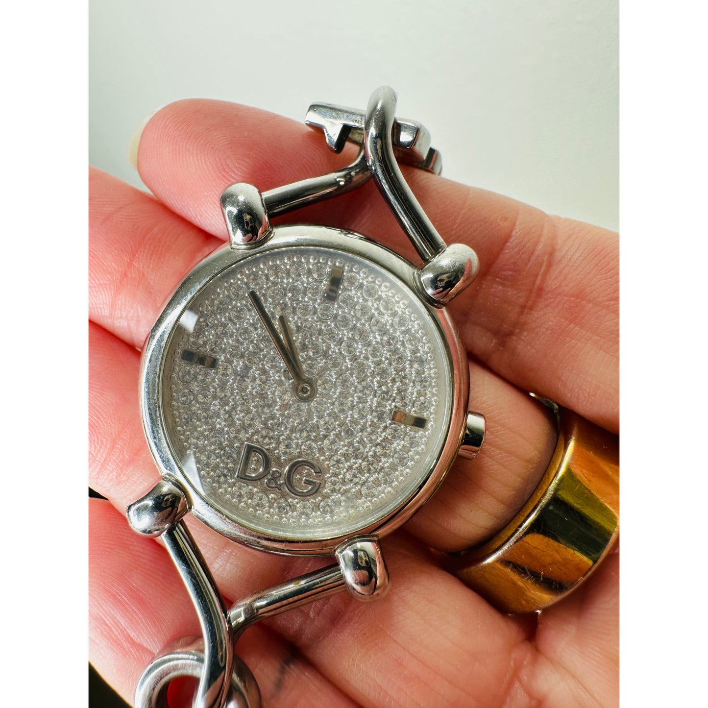 Dolce & Gabbana Ladies Silver Flock Diamante Quartz Watch White Band