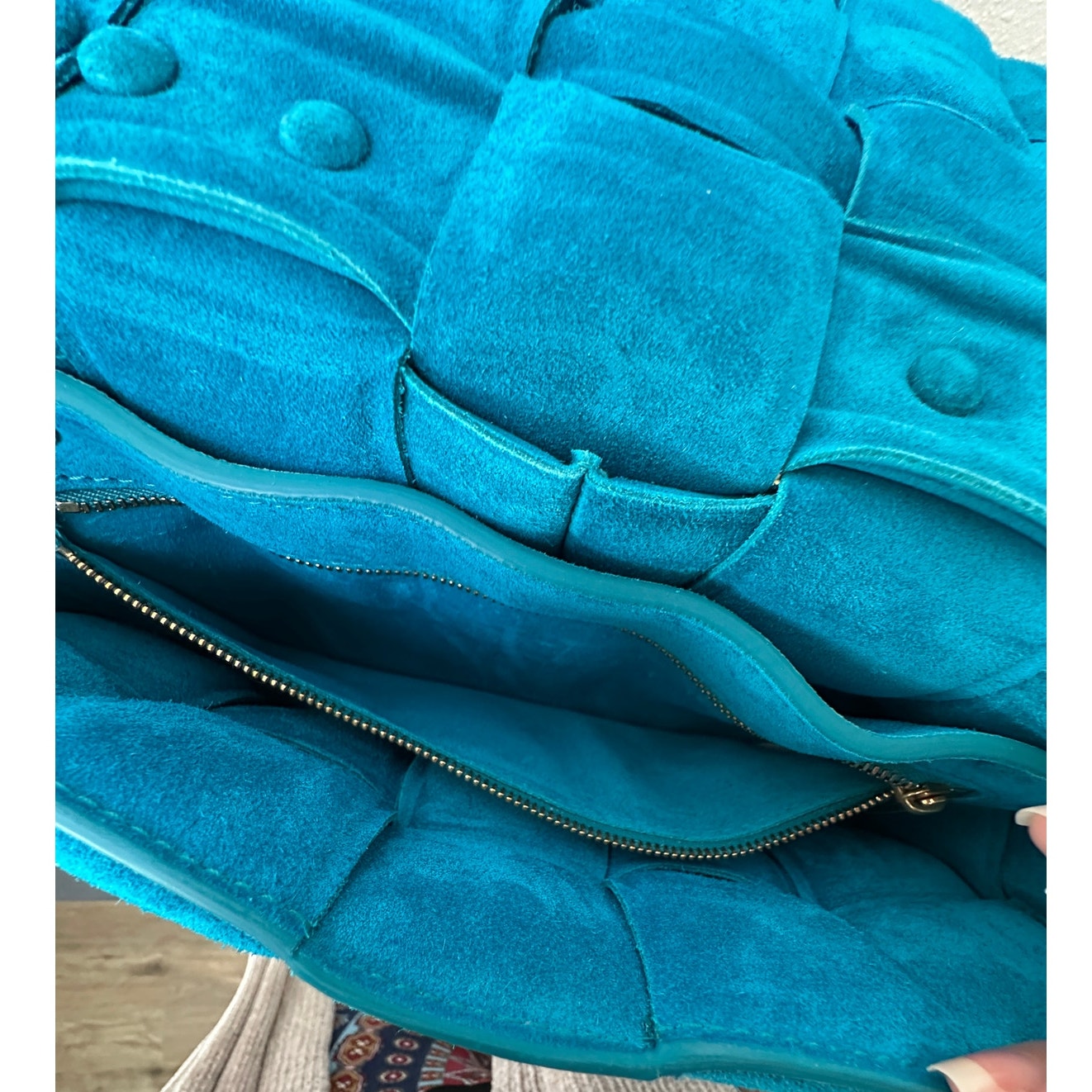 NWOT Bottega Veneta Chain Cassette Bag – Turquoise Suede with Gold-Tone Chain