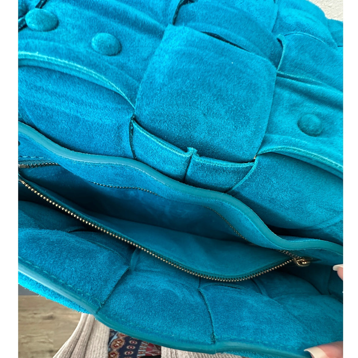 NWOT Bottega Veneta Chain Cassette Bag – Turquoise Suede with Gold-Tone Chain