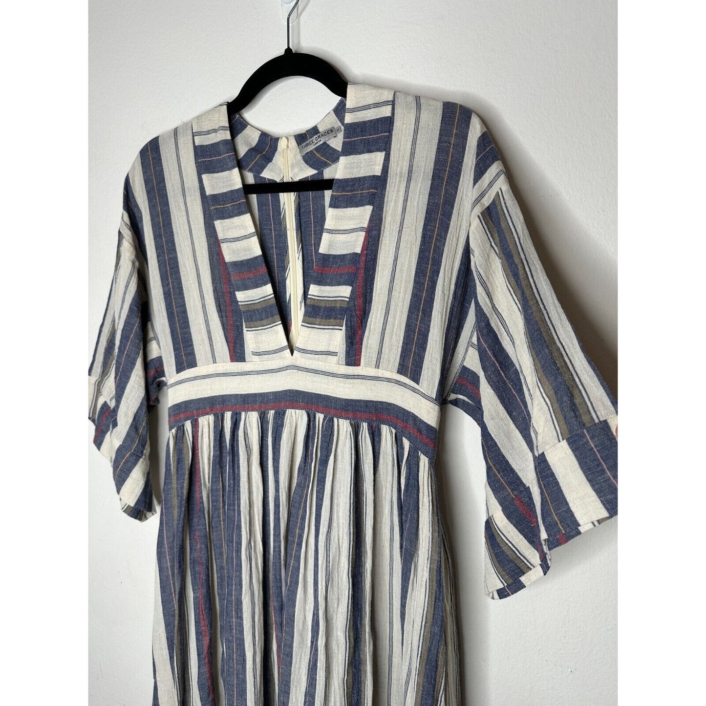 Three Graces London Ferrer Tan Blue Red Stripe Short Cuff Sleeve V-Neck Dress 10