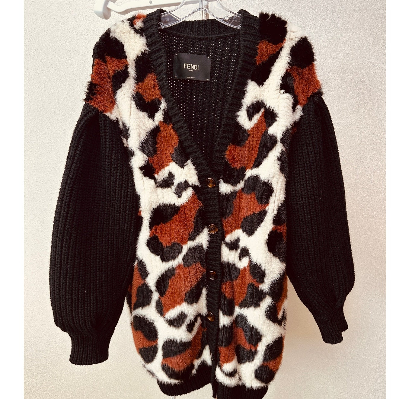 Fendi Black Chunky Balloon-Sleeve Cashmere and Mink Fur Animal Print Sweater 6