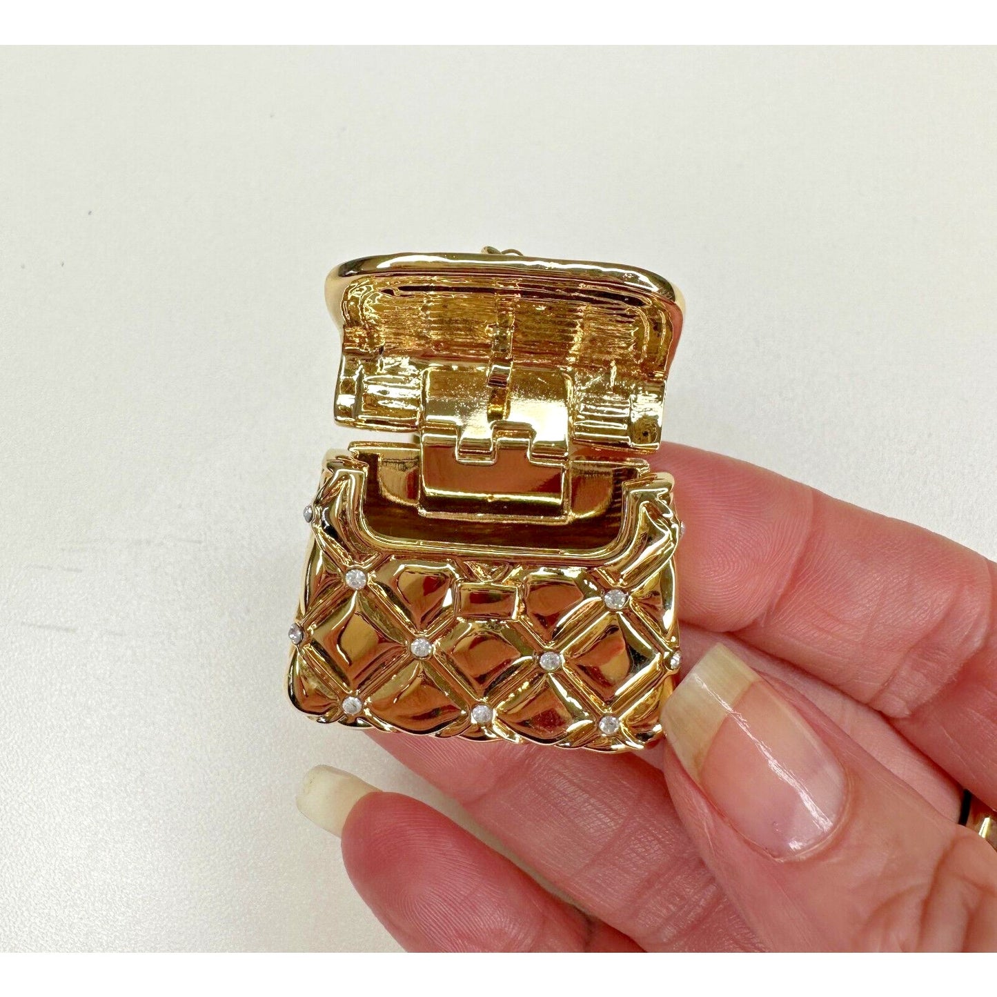 Vintage Chic St. John Gold Crystal Purse Keychain Fob Purse Opens With Pouch