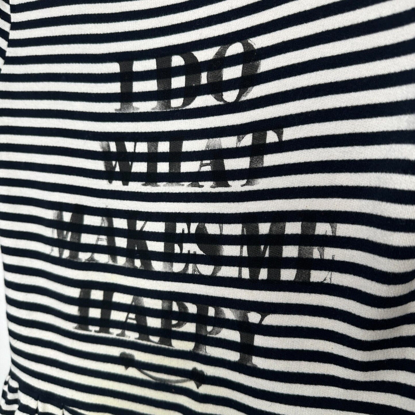 MNG Mango Black White Stripe I Do What Makes Me Happy Short Sleeve Ruffle Tee SM