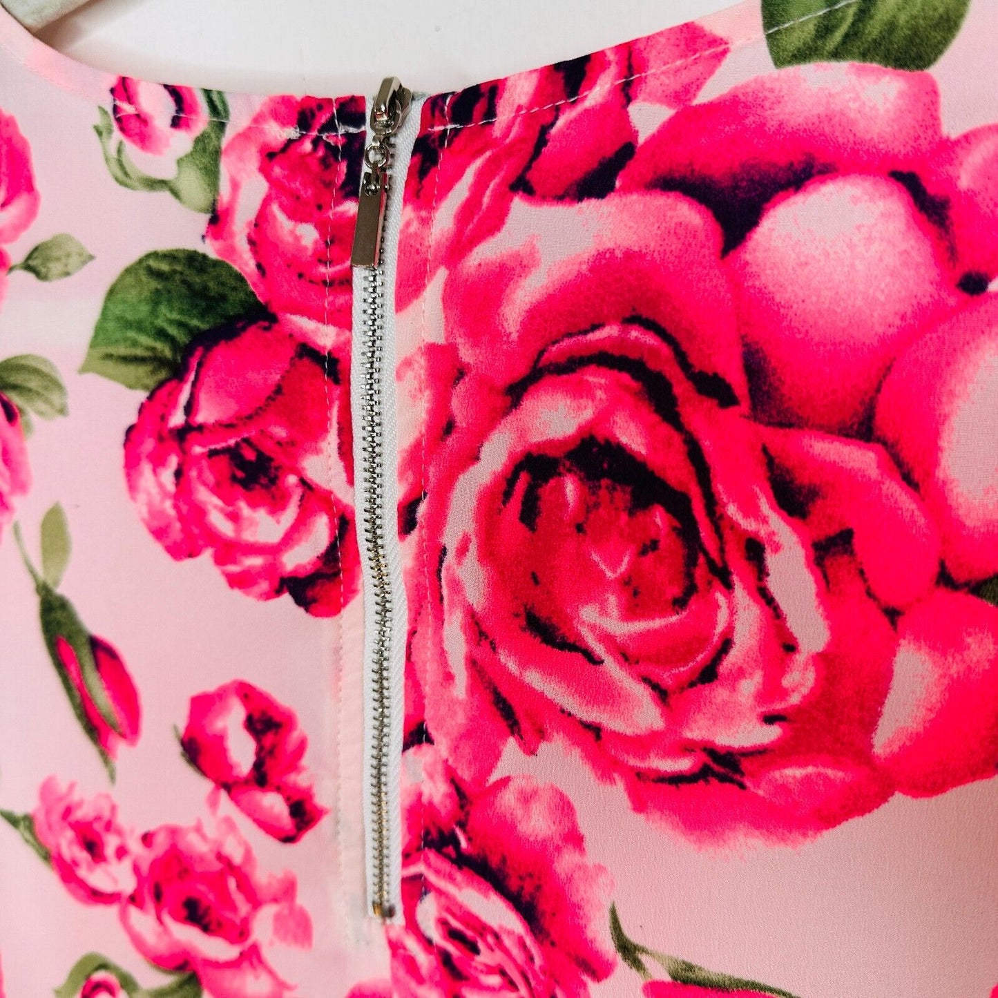 May & July Hot Pink and Green Floral Rose Short Sleeve Peplum Crop Blouse S