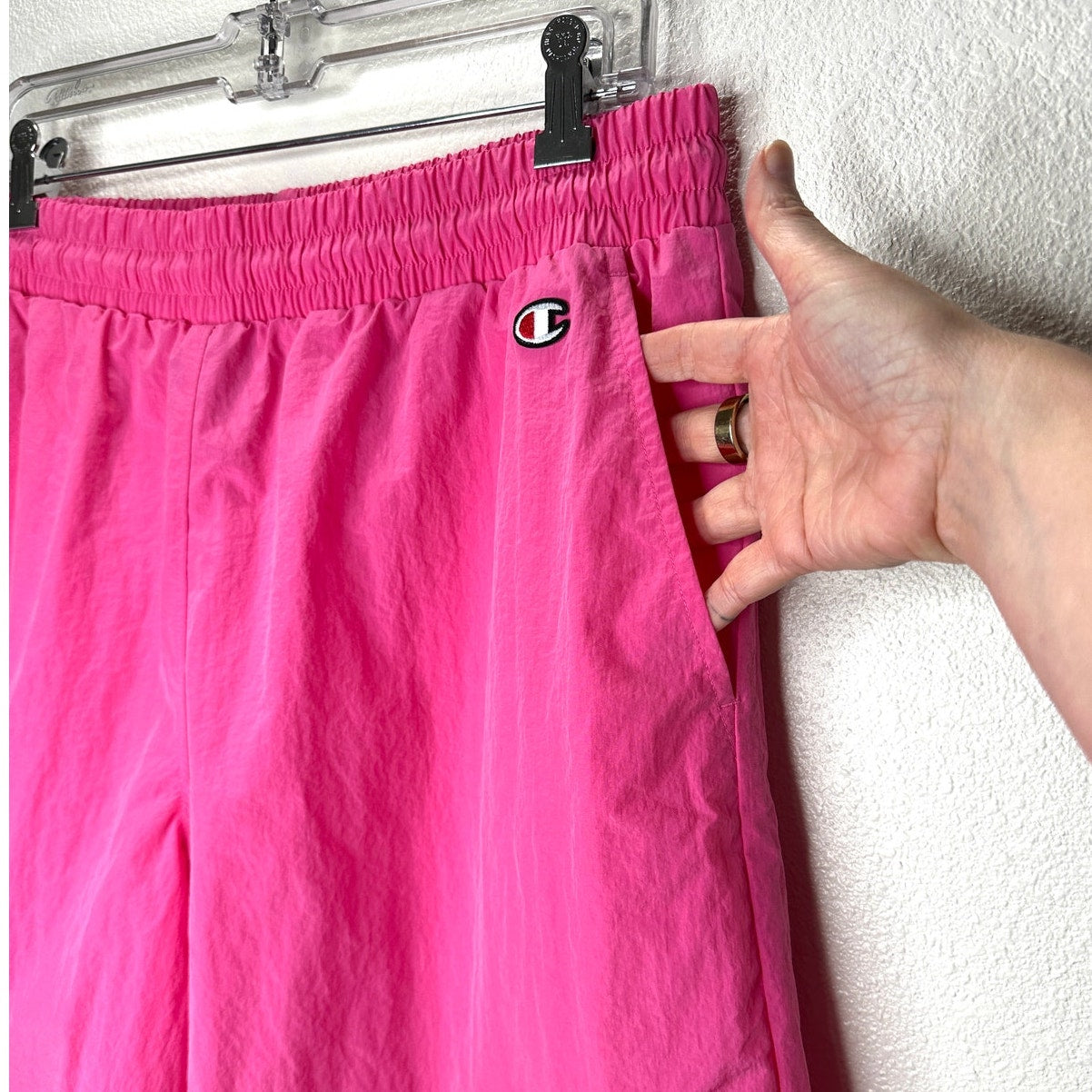 Champion Pink Lightweight Crinkle Nylon Lined Shorts Color Pop Logo L