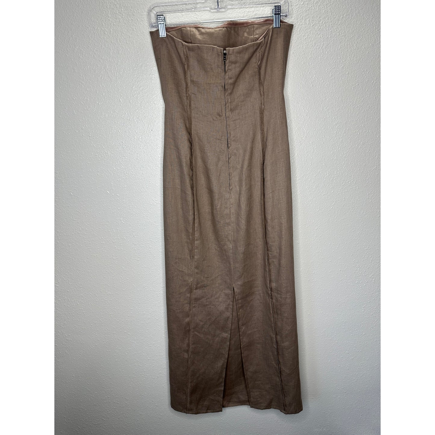 All Row Taupe Strapless Raw Pleat Front Design Back Zip Midi Dress S