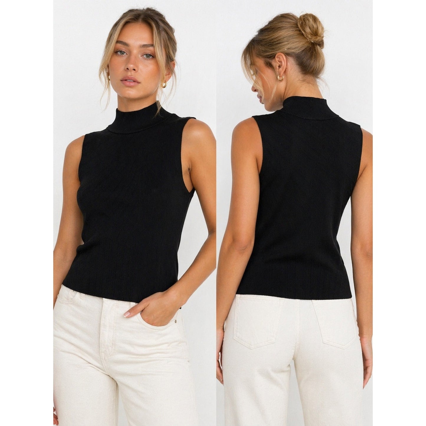 NWT Zara Black Ribbed Mock Neck Sleeveless Top L