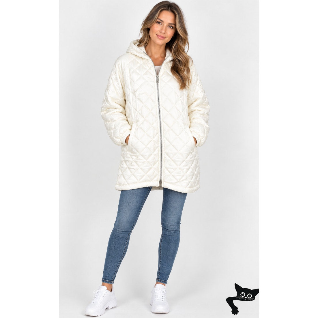 Jil Sander Eggshell Cream Goldfish Long Line Quilted Front Zip Hooded Jacket 36