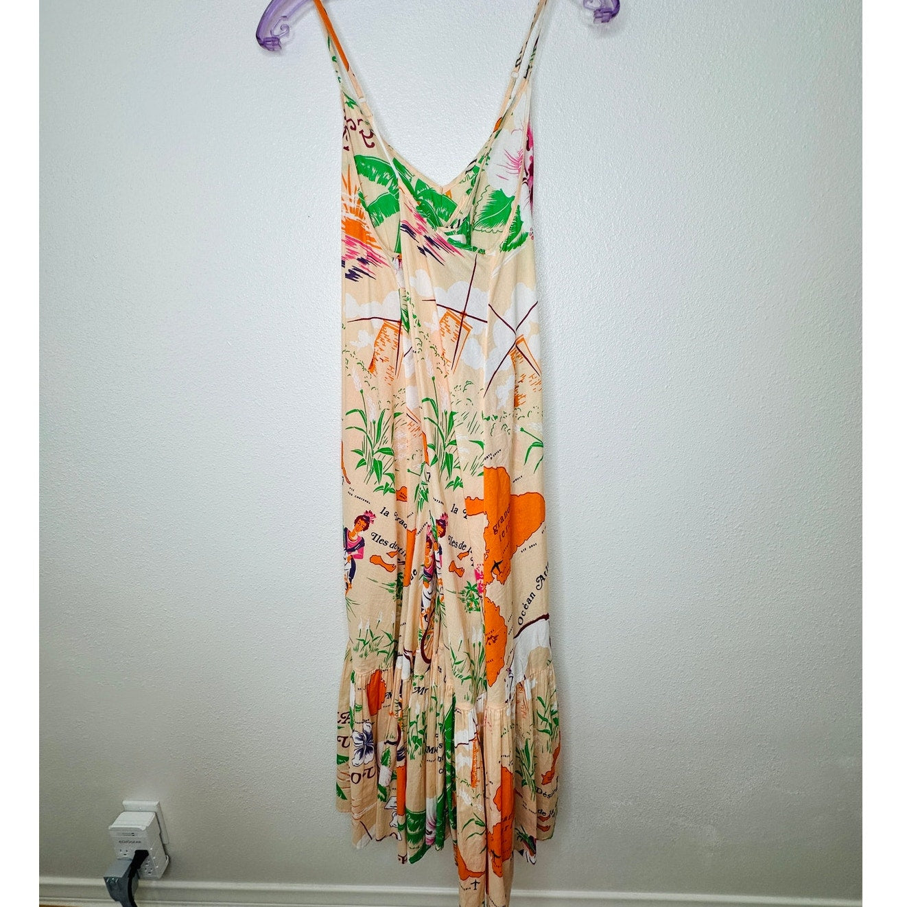 UO Sunkissed Printed Poplin Tropical Floral Flowy Pleated Ruffle Maxi Sundress M